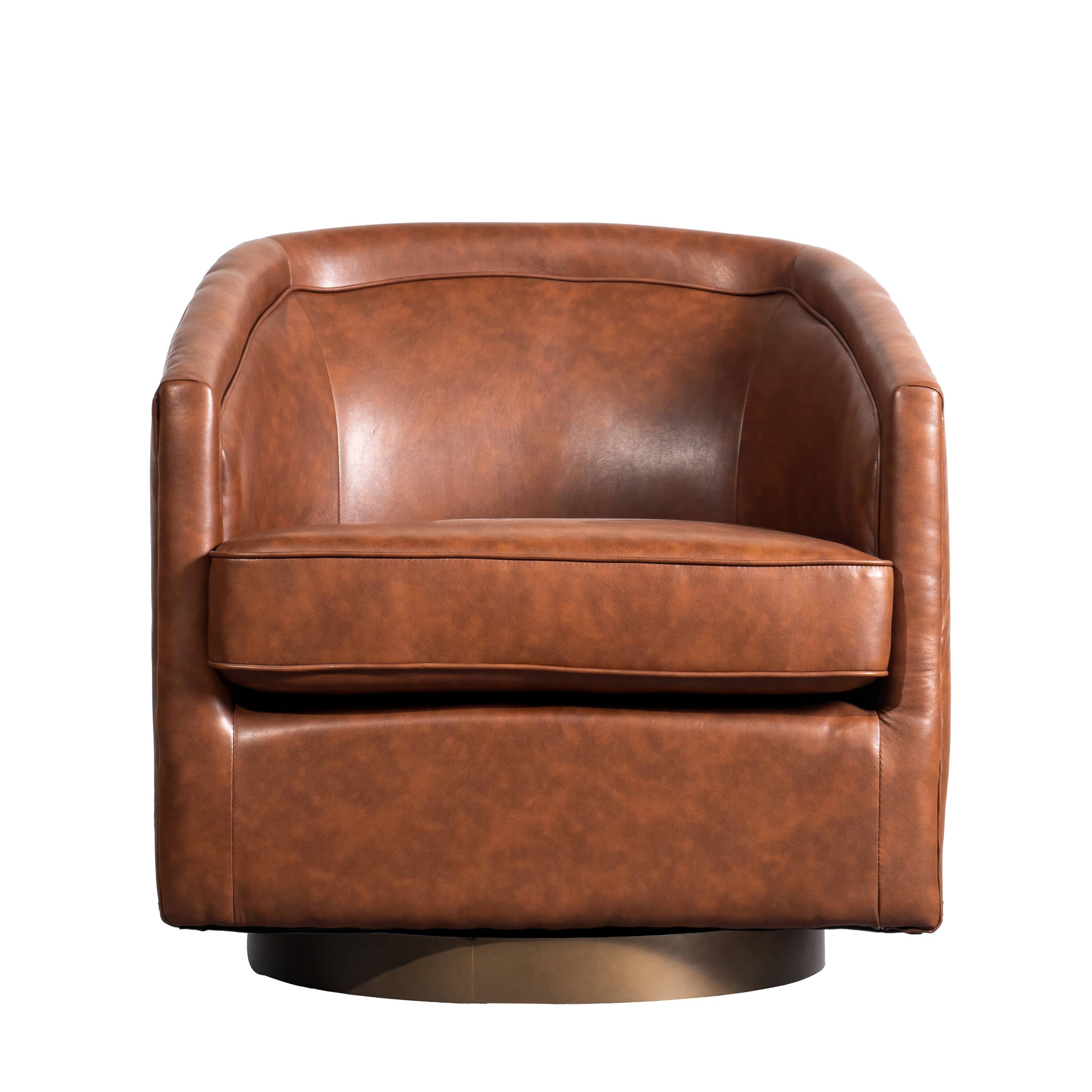 Alt View 9. Emma + Oliver - Della Club Style Barrel Accent Chair with 360 Degree Swivel Brushed Gold Vinyl Wrapped Base and Sloped Armrests - Brown Faux Leather.