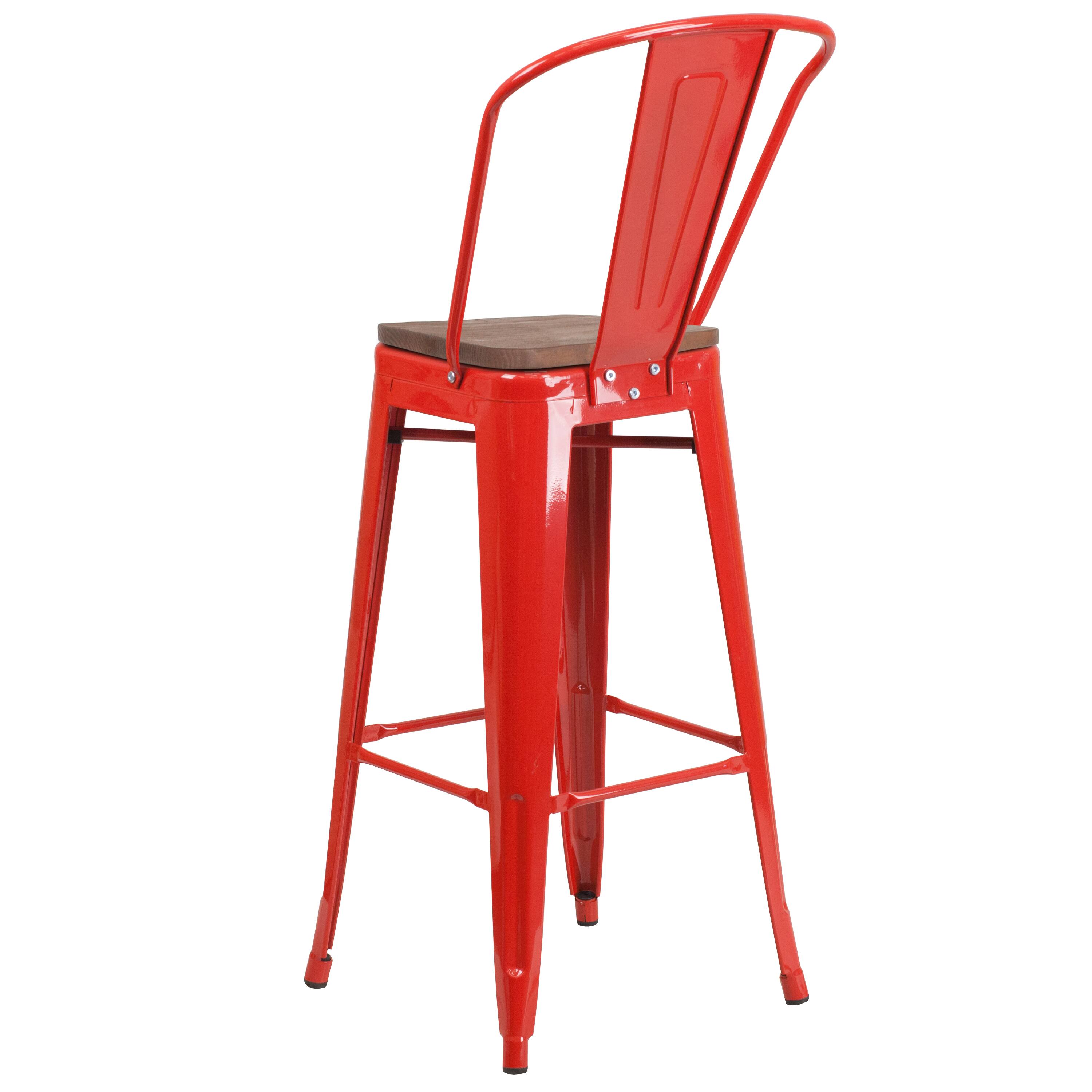 Alt View 3. Emma + Oliver - 30"H Metal Dining Barstool with Back and Square Wood Seat - Red.
