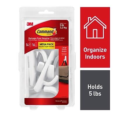 3M Command  
5 lb / 2.2 kg  
Damage-Free Hanging  
Para colgar sin dañar  
14 9 16 16  
MEGA PACK  
Large Utility Hooks  
Organize Indoors  
Holds 5 lbs  
General Purpose
