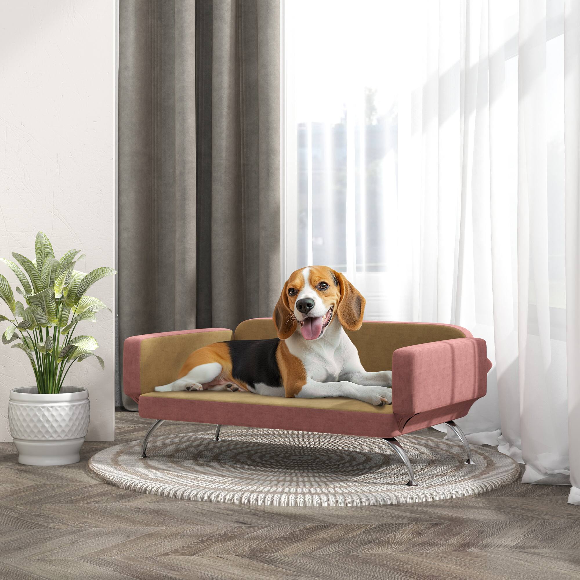 Angle. Pawhut - Dog Sofa Bed, Cat Couch Bed, Pet Sofa Bed with Adjustable Armrest, Backrest & Non-Slip Food Pads - Pink.