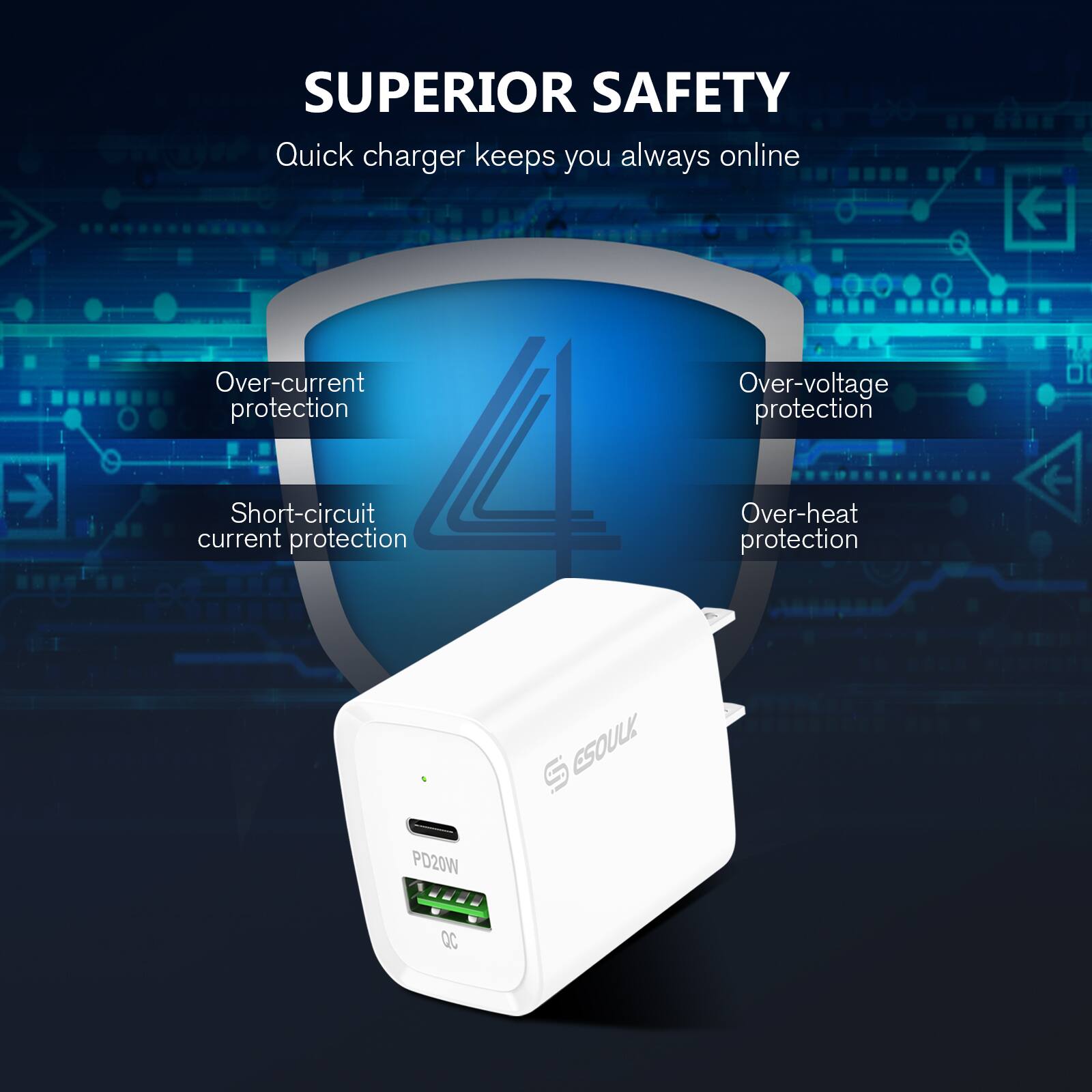 SUPERIOR SAFETY  
Quick charger keeps you always online  

- Over-current protection  
- Over-voltage protection  
- Short-circuit current protection  
- Over-heat protection  

PD20W QC