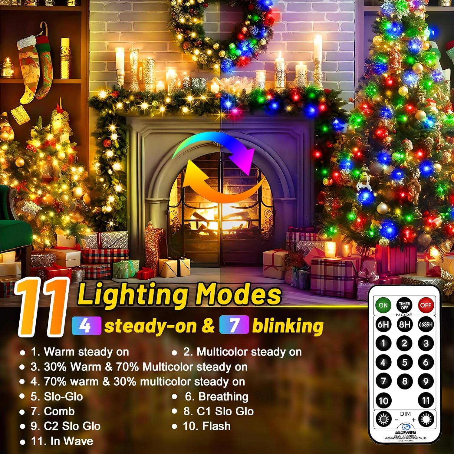 11 Lighting Modes  
4 steady-on & 7 blinking  

1. Warm steady on  
2. Multicolor steady on  
3. 30% Warm & 70% Multicolor steady on  
4. 70% warm & 30% multicolor steady on  
5. Slo-Glo  
6. Breathing  
7. Comb  
8. C1 Slo Glo  
9. C2 Slo Glo  
10. Flash  
11. In Wave  

TIMER  
OFF ON  
6H 8H 6639H  

1 2 3 4 5 6 7 8 9 10 11  

DIM + F -  
POWER