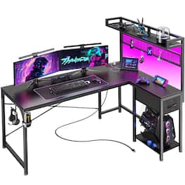 Fabibe - L Shaped Gaming Desk With Shelves Corner Computer Table Led Lights Power Outlets And Usb-c Ports 50 Inch Office Desk - Black 50inch