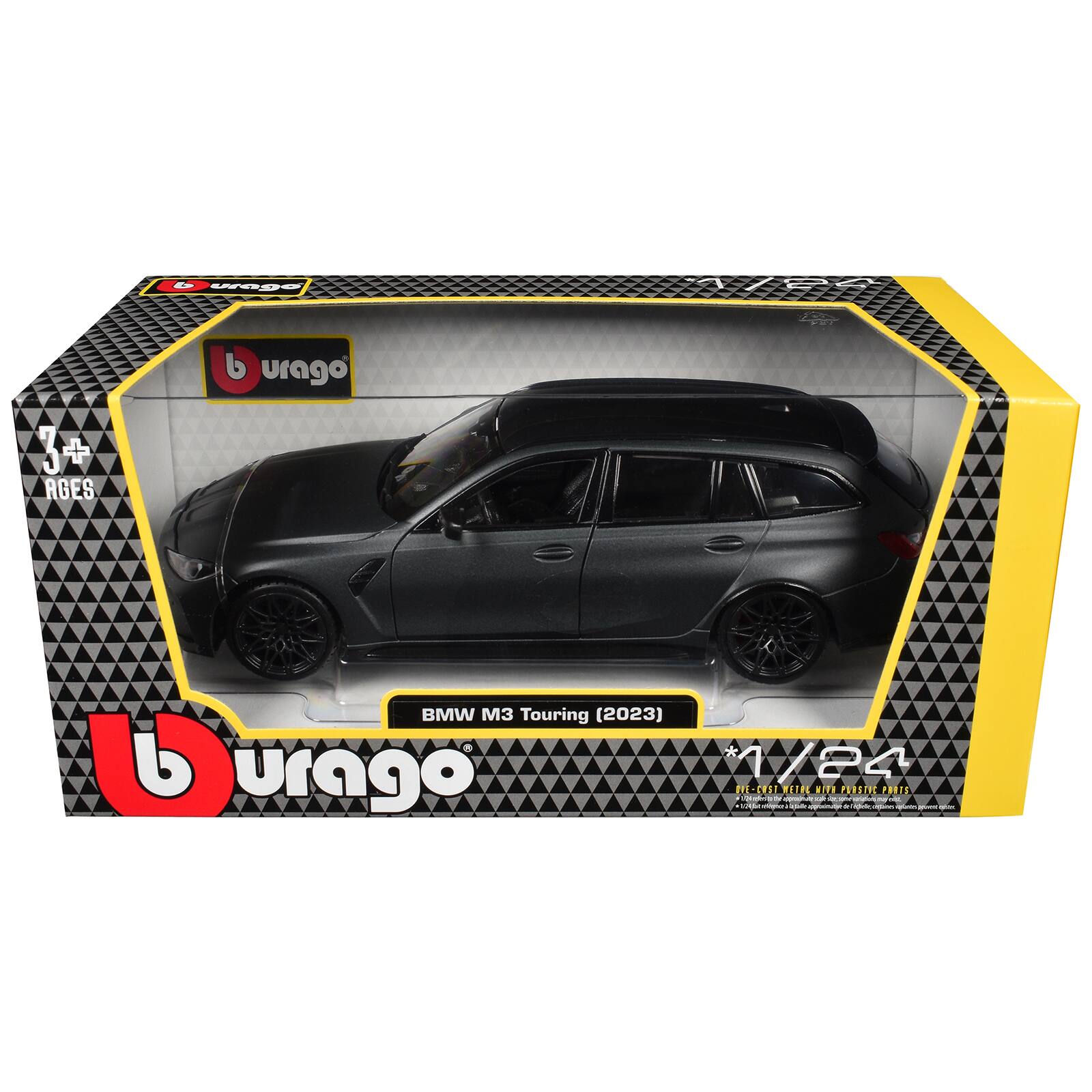 Burago  
1/84  
3+ AGES  
BMW M3 Touring (2023)  
Burago m/24 QUE-CHSIN METAL naxi WITH PLASTIC PORTS rmalling M old 10% think apolo - oplances Mom Min