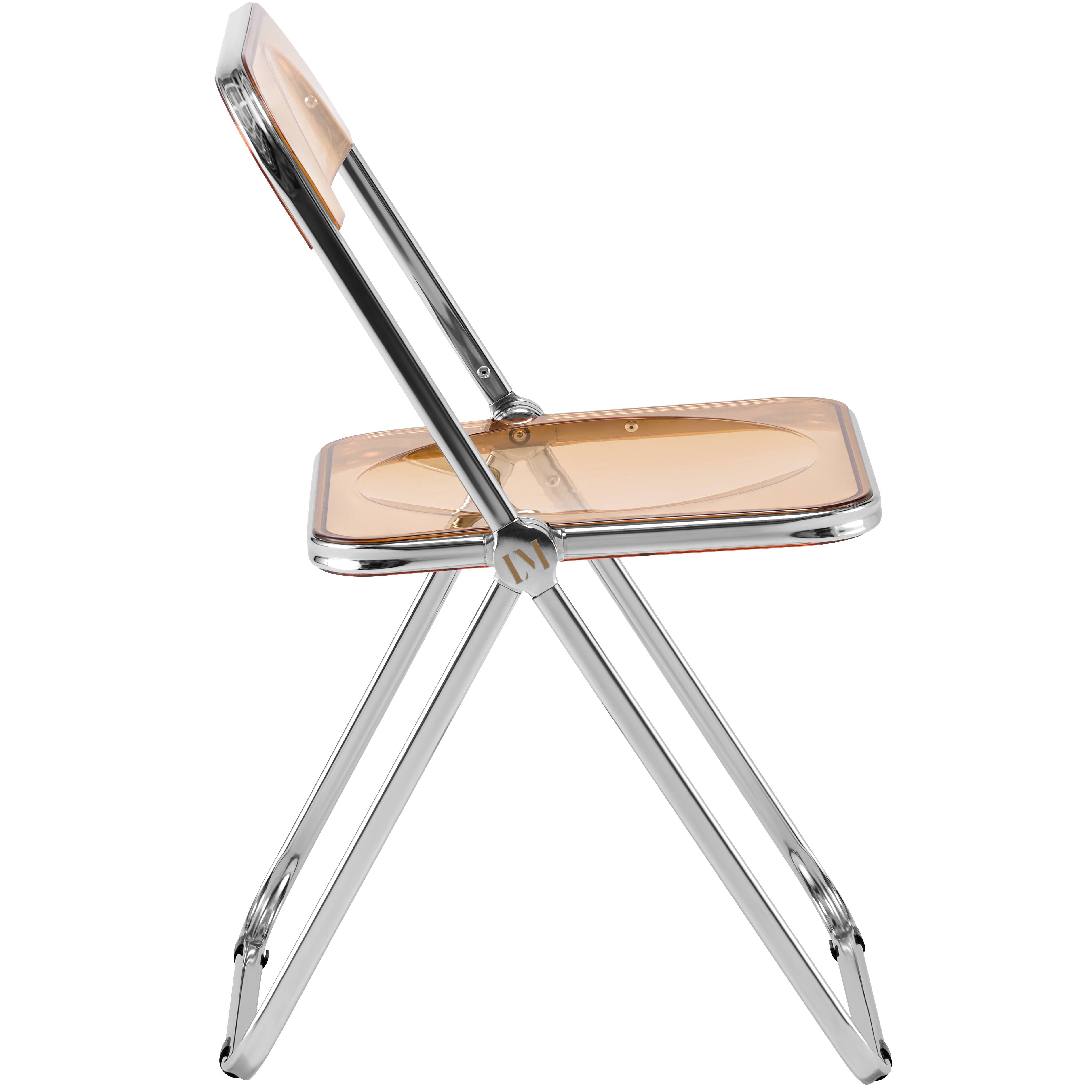 Alt View 3. LeisureMod - Lawrence Modern Clear Acrylic Folding Chair with Chrome Steel Frame, Fully Assembled Portable Dining Seat - Amber.