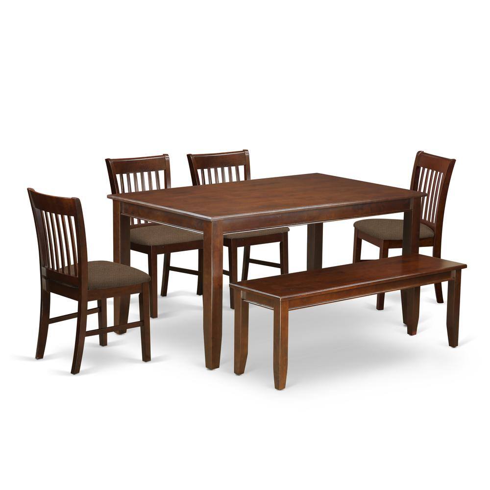 Back. East West Furniture - DUNO6D-MAH-C 6 PC Kitchen Table with bench set-Table and 4 Kitchen Chairs and Bench - Mahogany.