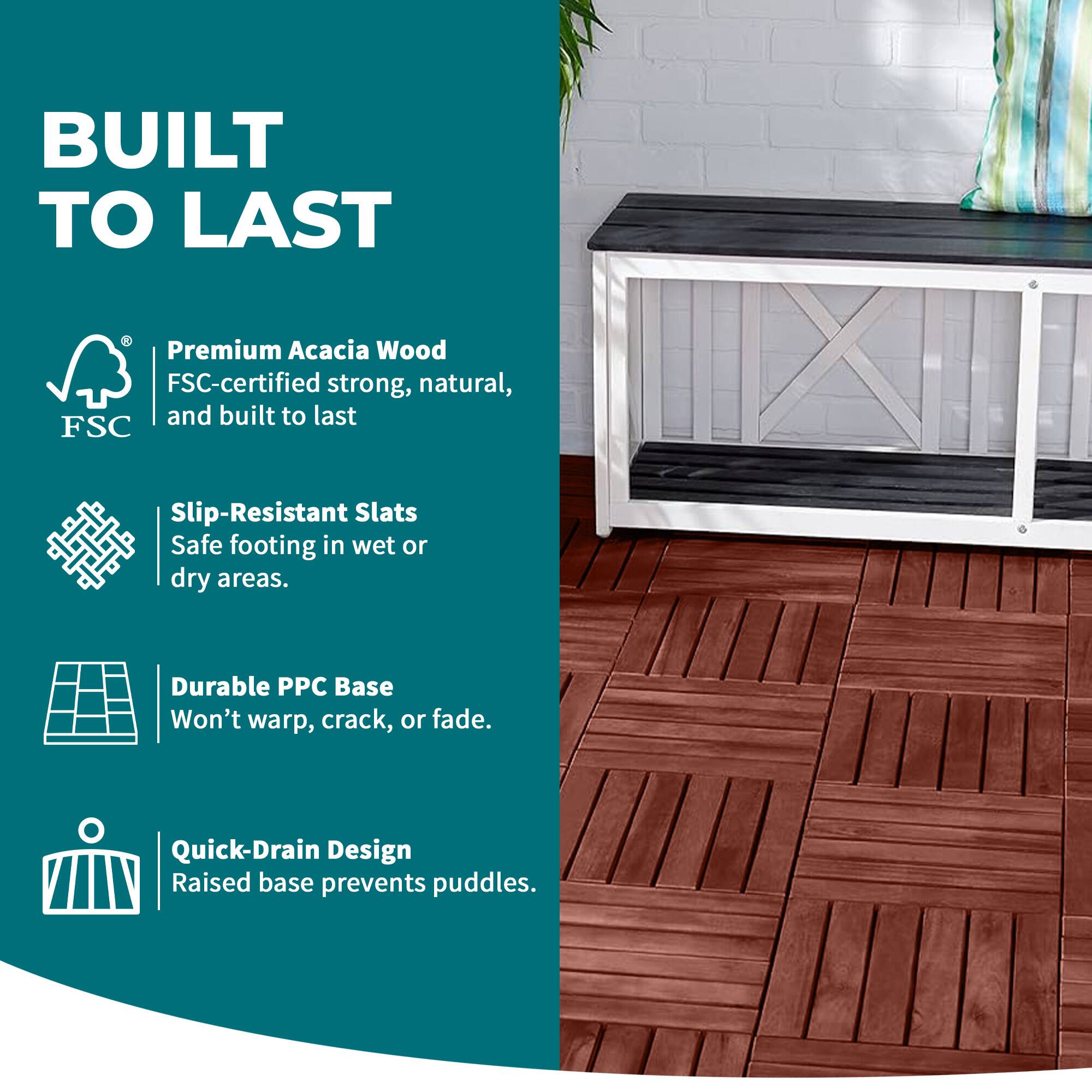 BUILT TO LAST

- Premium Acacia Wood
  FSC-certified strong, natural, and built to last

- Slip-Resistant Slats
  Safe footing in wet or dry areas.

- Durable PPC Base
  Won't warp, crack, or fade.

- Quick-Drain Design
  Raised base prevents puddles.