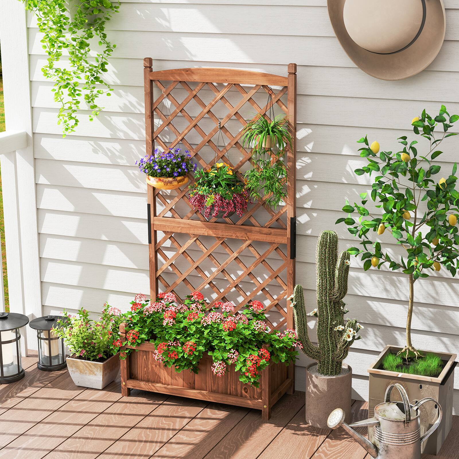 Alt View 1. Gymax - Gymax 60'' Tall Raised Garden Bed w/ Diamond Lattice Trellis Drainage Holes Outdoor - Brown.