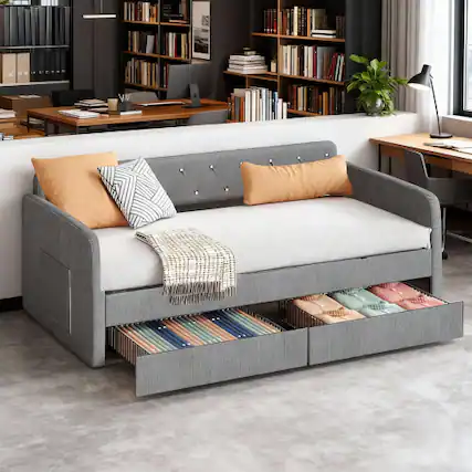 Front. Winado - Twin Size Daybed with 2 Storage Drawers and Pockets, Chenille Upholstered Comfy Sleeper Couch Sofa Bed for Living Room - Chenille Grey.
