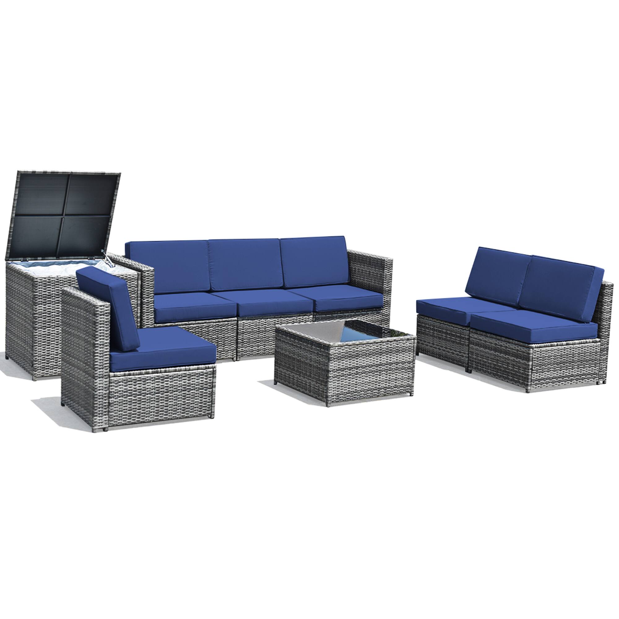 Alt View 1. Gymax - Gymax 8PCS Patio Rattan Sofa Sectional Conversation Furniture Set w/ Navy Cushion - Navy.