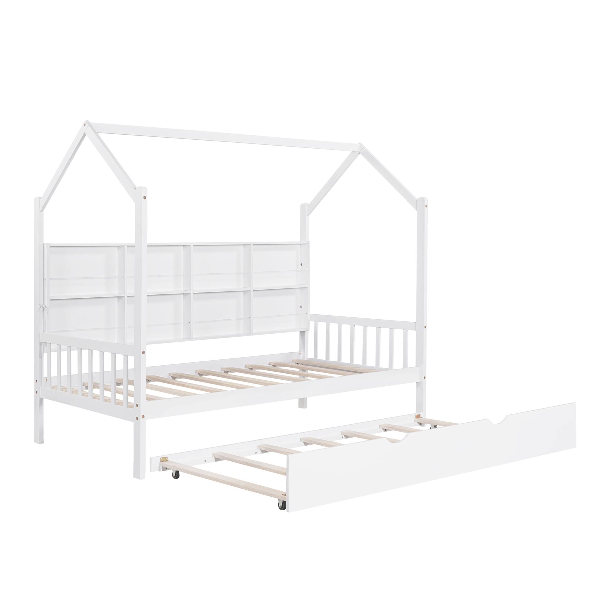 Alt View 4. GOODSILO - Wooden Twin Size Playhouse Bed with Trundle and Storage Shelf for Kids, Sturdy and Space-Saving Design - White.