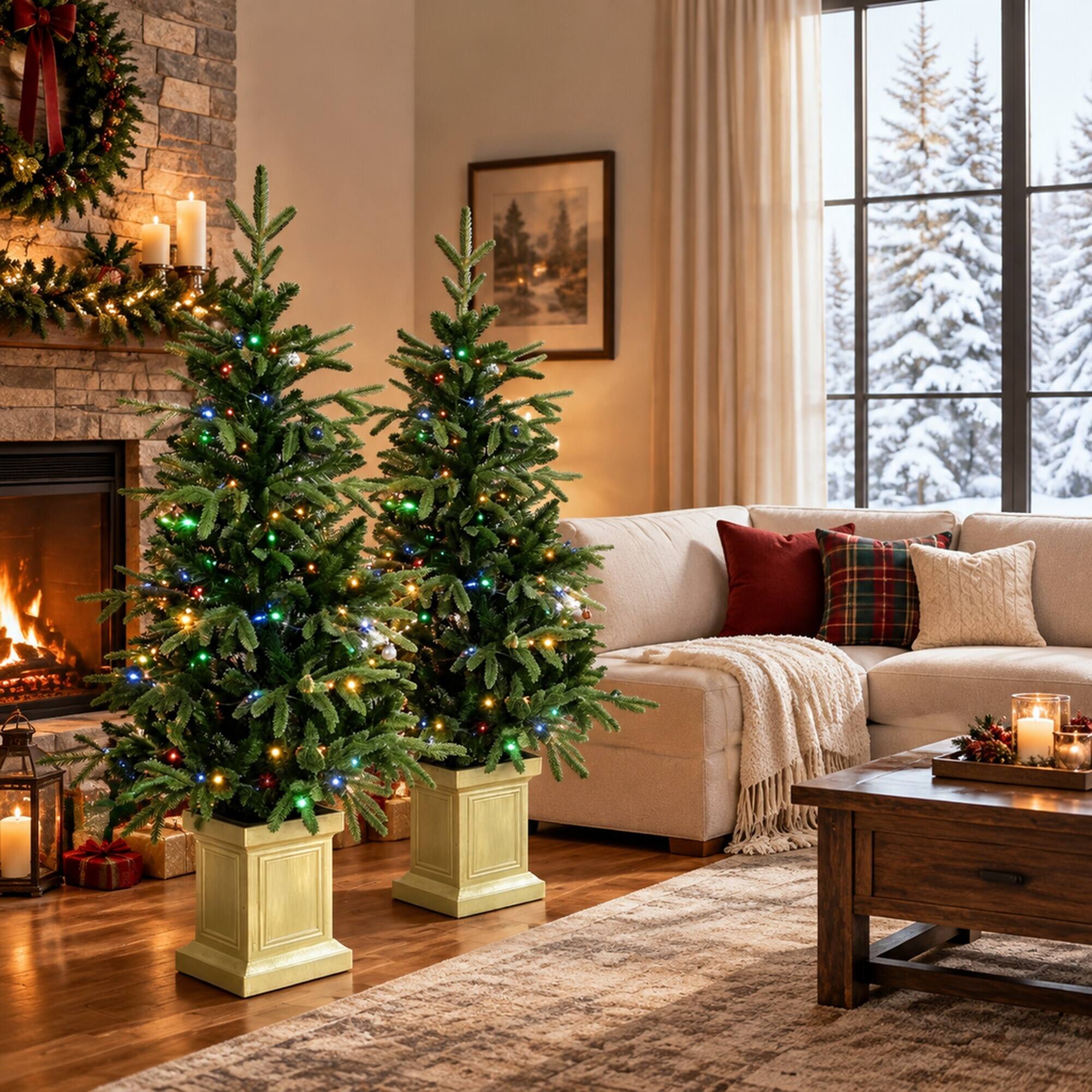 Left. RYHNUYNE - 4FT Pre-Lit Aspen Fir Christmas Tree Set of 2 With Battery Dual-Color LED Lights and Remote, 11 Modes - Green.