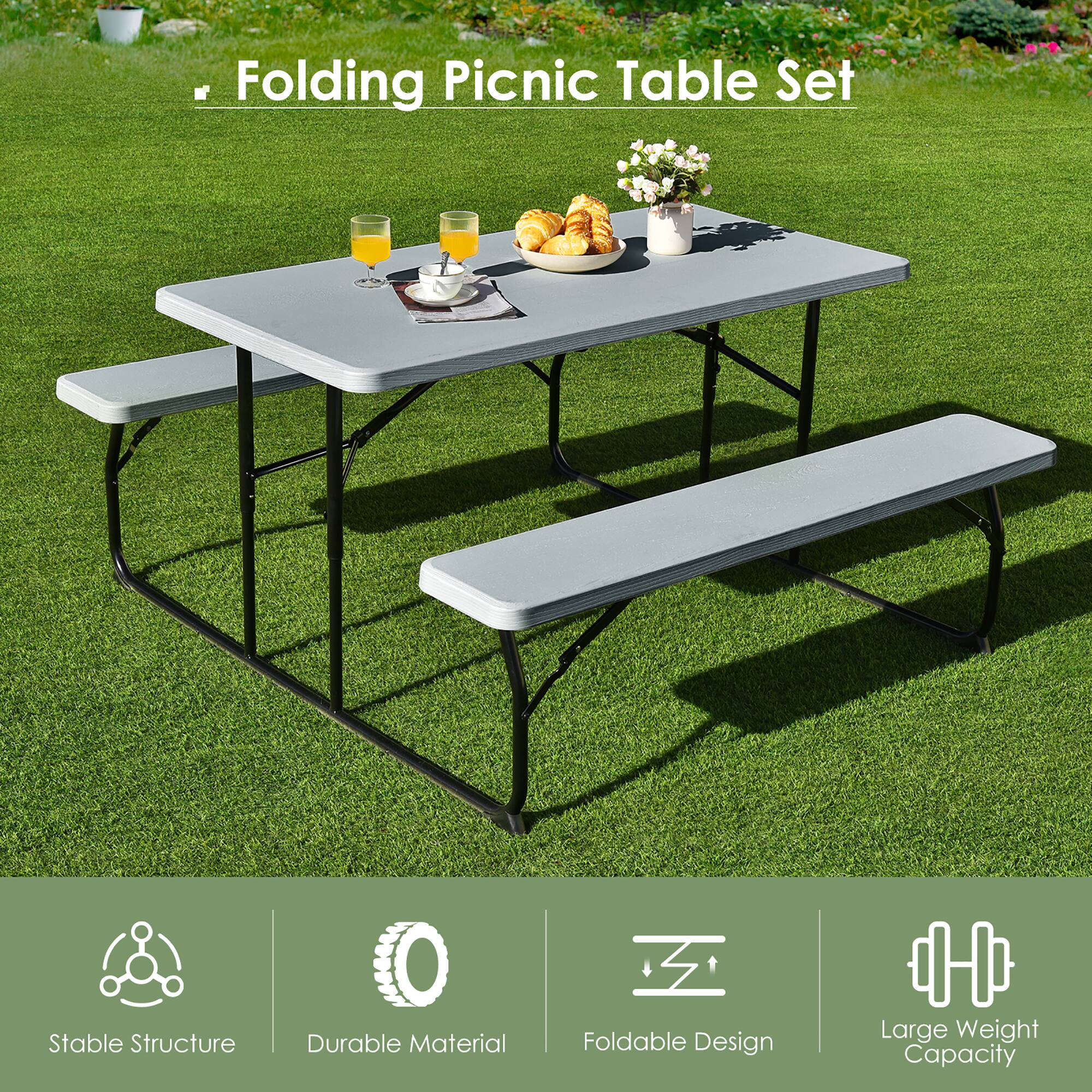 Folding Picnic Table Set
Stable Structure
Durable Material
Foldable Design
Large Weight Capacity