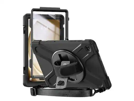 Front. CODi - CODi Rugged Case with Integrated Screen Protector for Samsung Galaxy Tab A9+ with Kickstand and Hand/Shoulder Strap - Black.