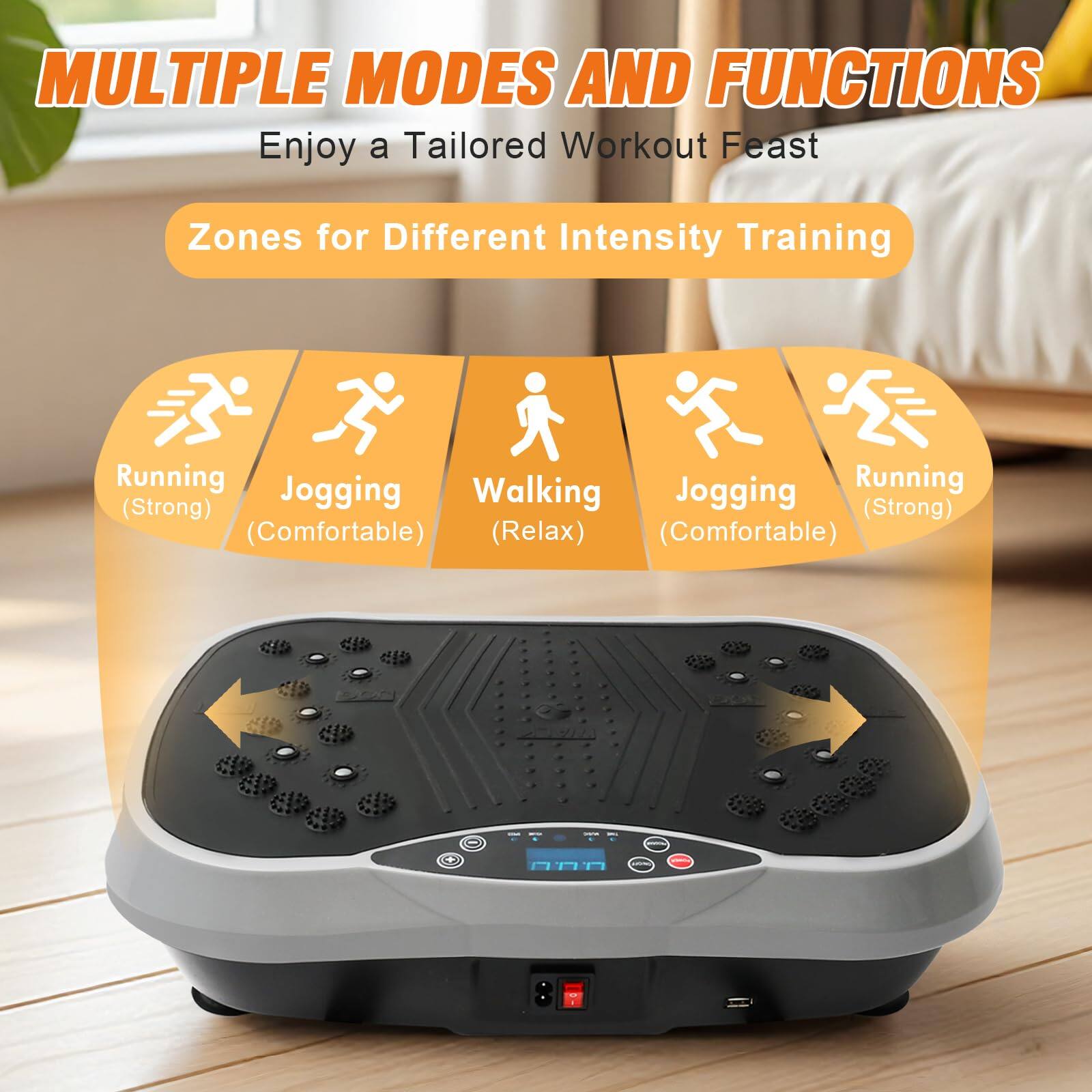 MULTIPLE MODES AND FUNCTIONS  
Enjoy a Tailored Workout Feast  

Zones for Different Intensity Training  

- Running (Strong)  
- Jogging (Comfortable)  
- Walking (Relax)  
- Jogging (Comfortable)  
- Running (Strong)