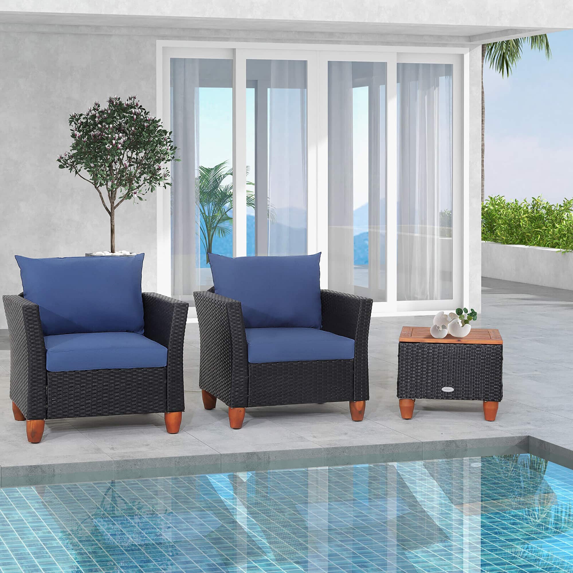 Gymax - 3PCS Patio Rattan Conversation Furniture Set Yard Outdoor w/ Cushions - Navy price history on PriceWatchPro