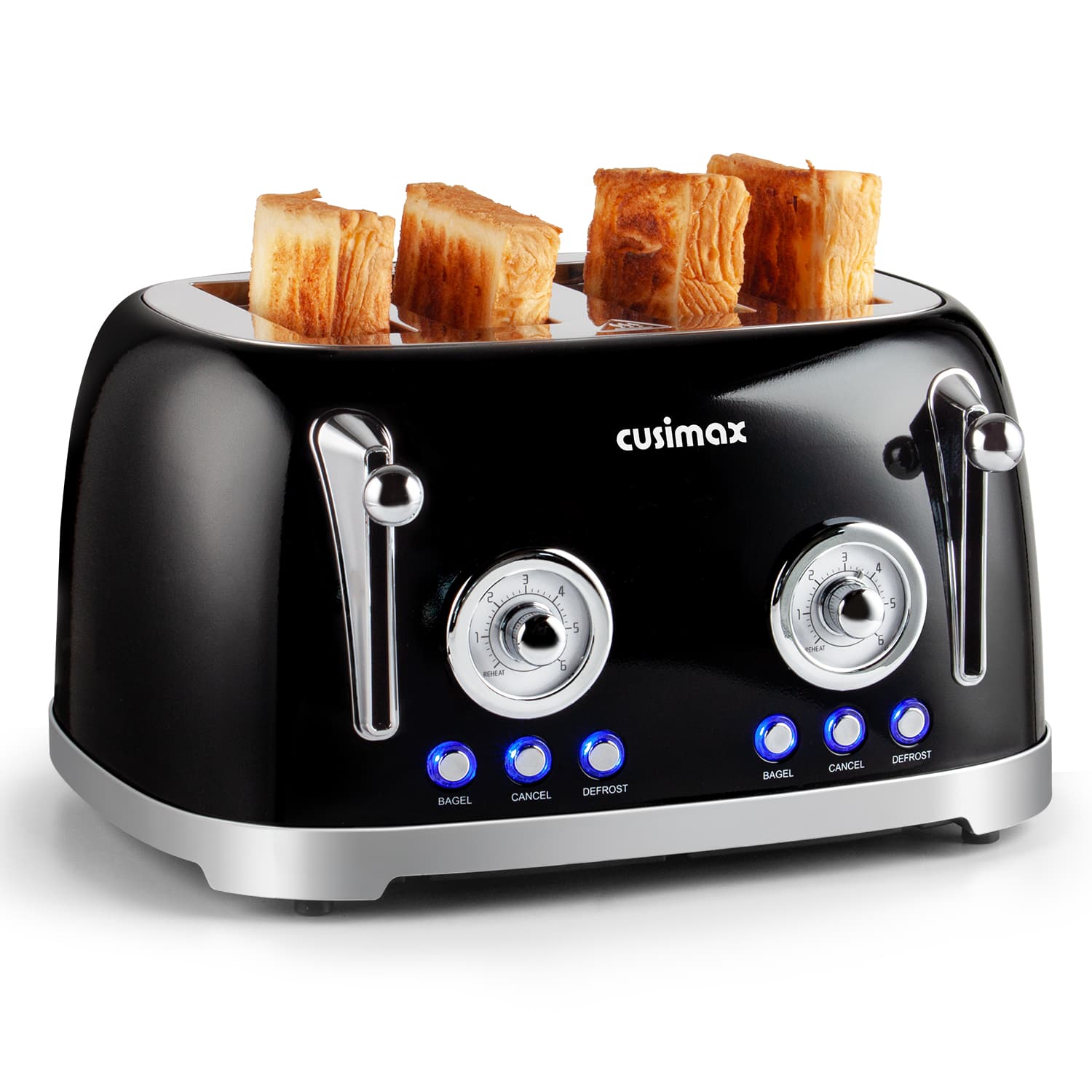Cusimax - Retro 4 Extra Wide Slots Toaster 6 Levels 4 Functions Stainless Steel Auto Shut Off Removable Crumb Tray - Black