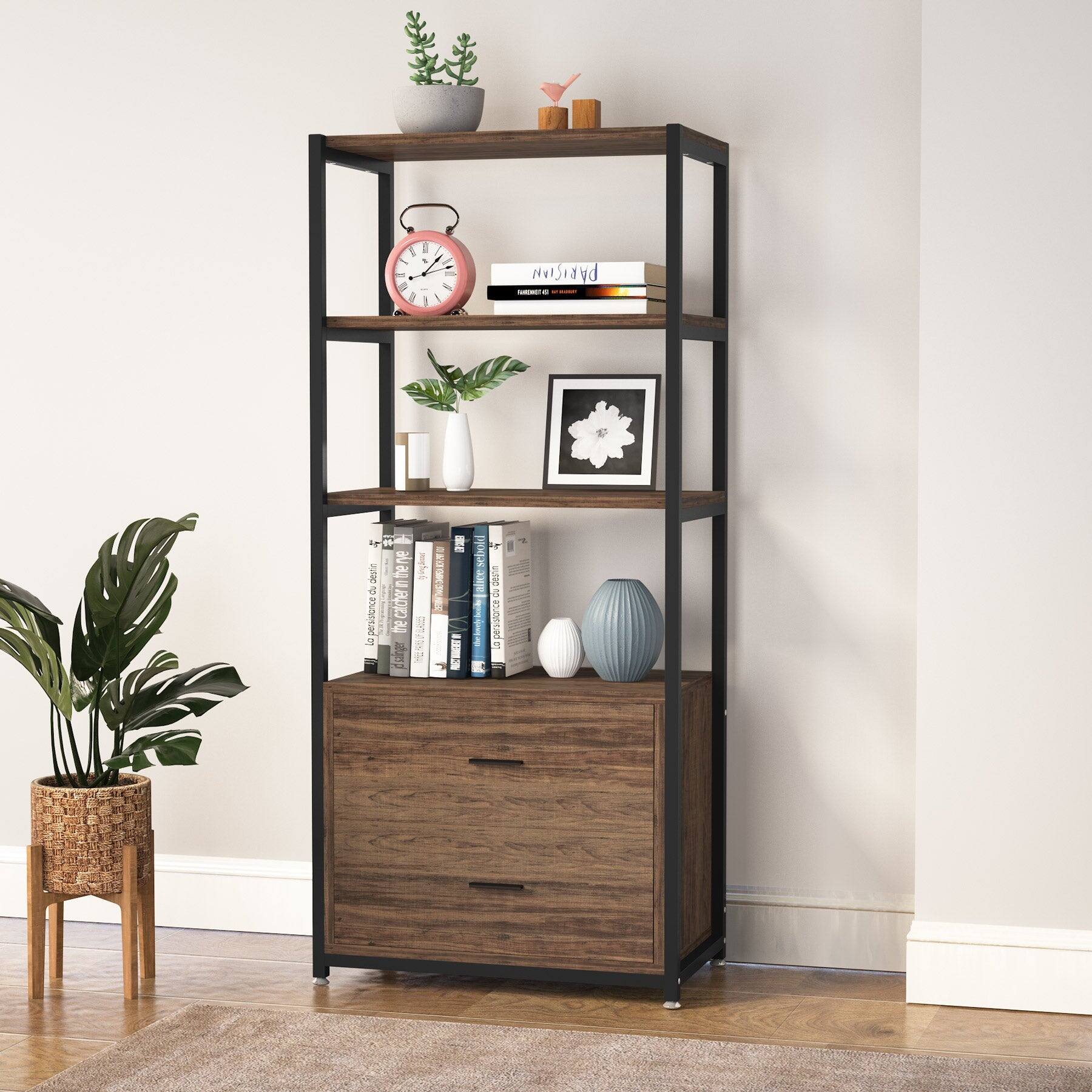 Tribesigns Bookshelf with Engineered Wood Construction, Metal Legs and ...