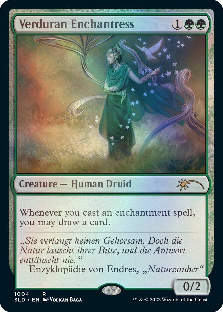 Verdurian Enchantress  
1  
Creature - Human Druid  

Whenever you cast an enchantment spell, you may draw a card.  

"Sie verlangt keinen Gehorsam. Doch die Natur lauscht ihrer Bitte, und die Antwort enttäuscht nie."  
—Enzyklopädie von Endres, "Naturzauber"  

0/2  

1004  
R  
SLD • EN  
VOLKAN BAGA  

TM & © 2022 Wizards of the Coast