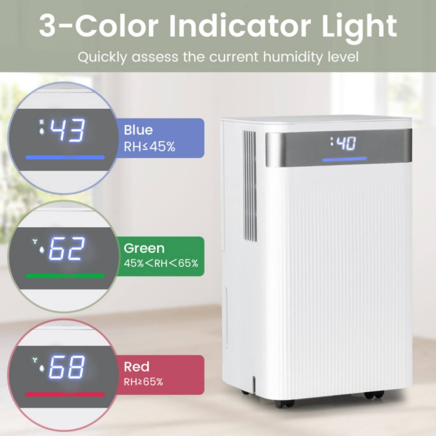 3-Color Indicator Light  
Quickly assess the current humidity level

- Blue: RH ≤ 45%
- Green: 45% < RH < 65%
- Red: RH ≥ 65%