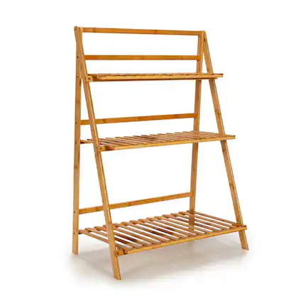 Front. Pefilos - 3-Tier Bamboo Foldable Plant Stand with Display Shelf Rack-Natural, Flower Pot Stand for Planter Corner Garden Balcony - Brown.