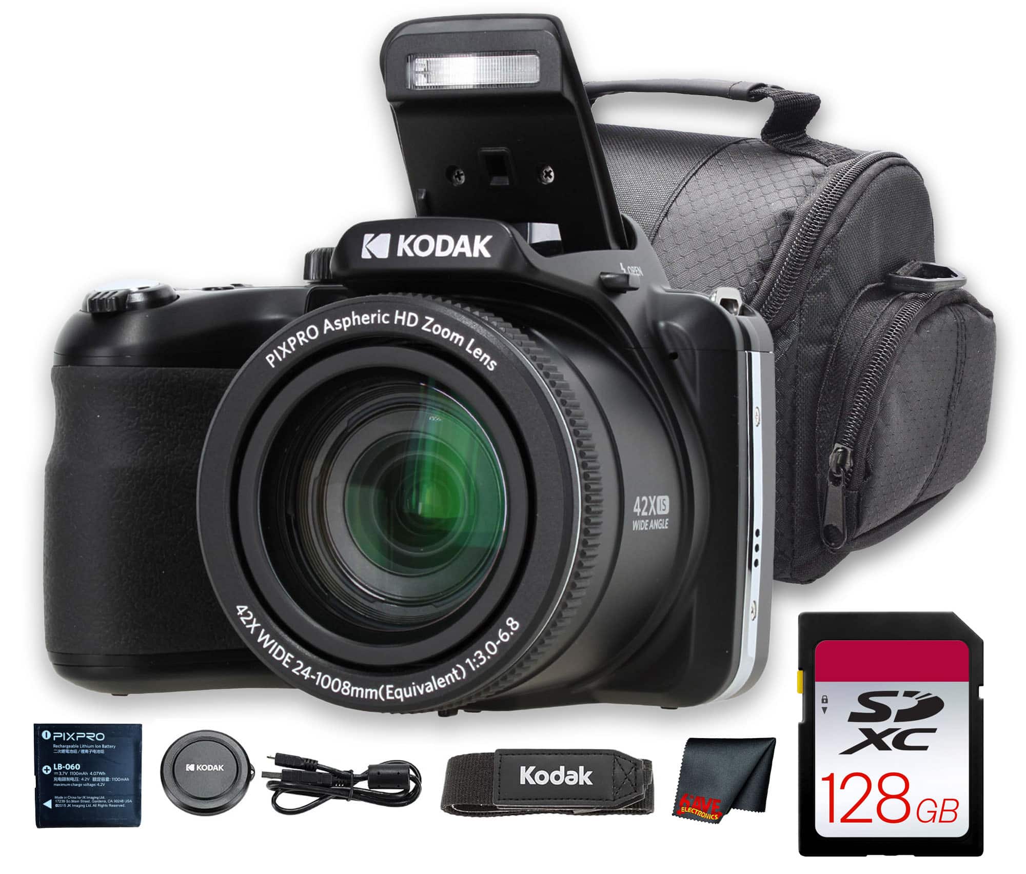 Kodak PIXPRO AZ425 Digital Camera (Black) (AZ425BK) + 128GB Card +