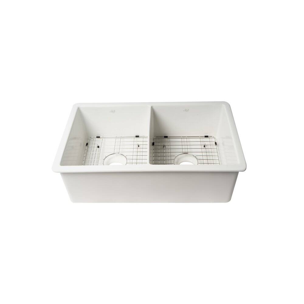 Alt View 4. Alfi - ALFI brand White 32 x 19 Double Bowl Fireclay Undermount / Drop In Kitchen Sink with Grid - White.