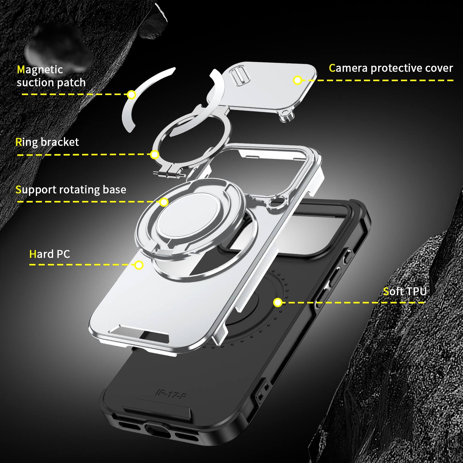 Magnetic suction patch  
Camera protective cover  
Ring bracket  
Support rotating base  
Hard PC  
Soft TPU  
IP-17-F