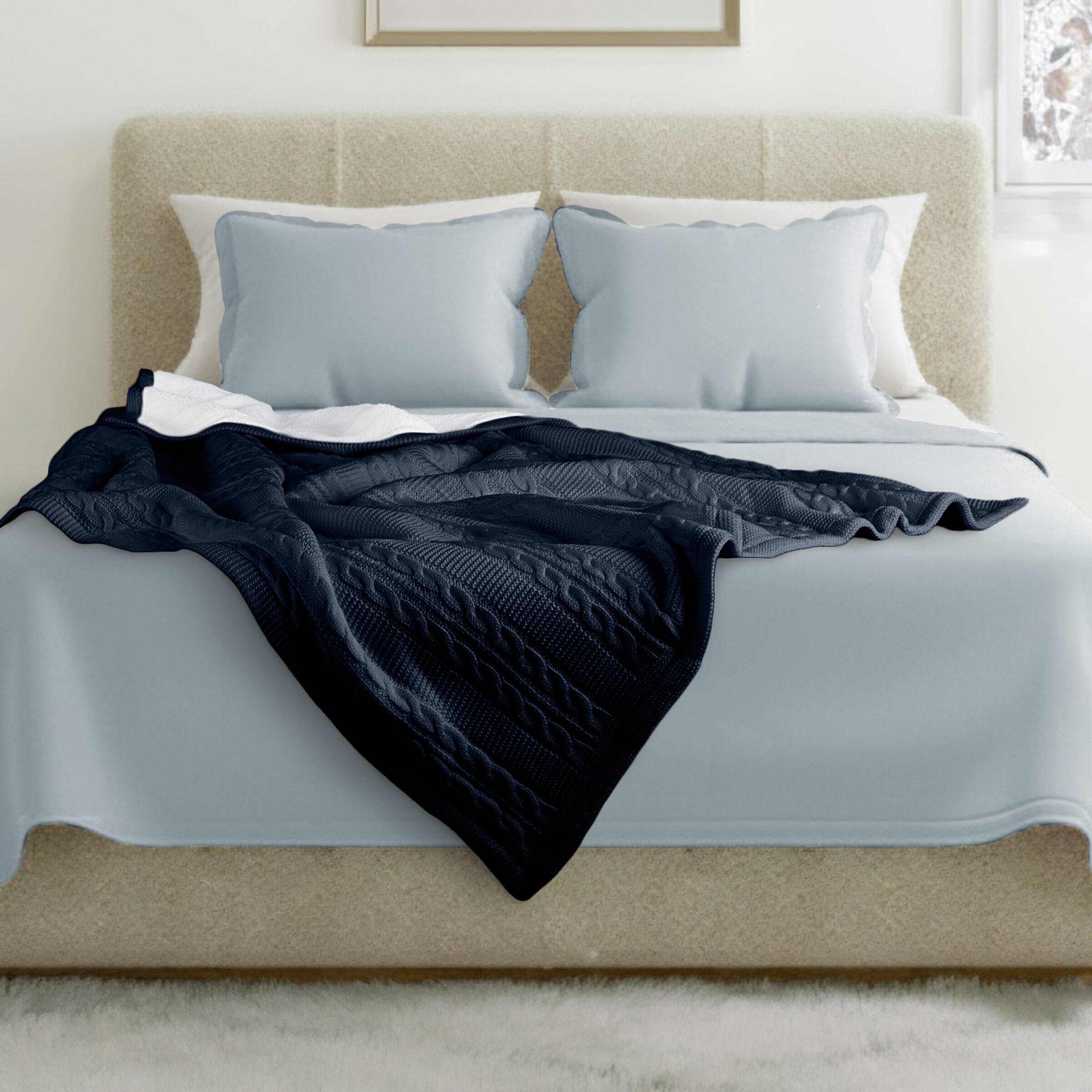 Front. Lavish Home - Cable Knit Throw Blanket for Couch, Sofa, or Bed 60x80-Inch Soft and Cozy Blanket Throws Warm Sherpa - Navy Blue.