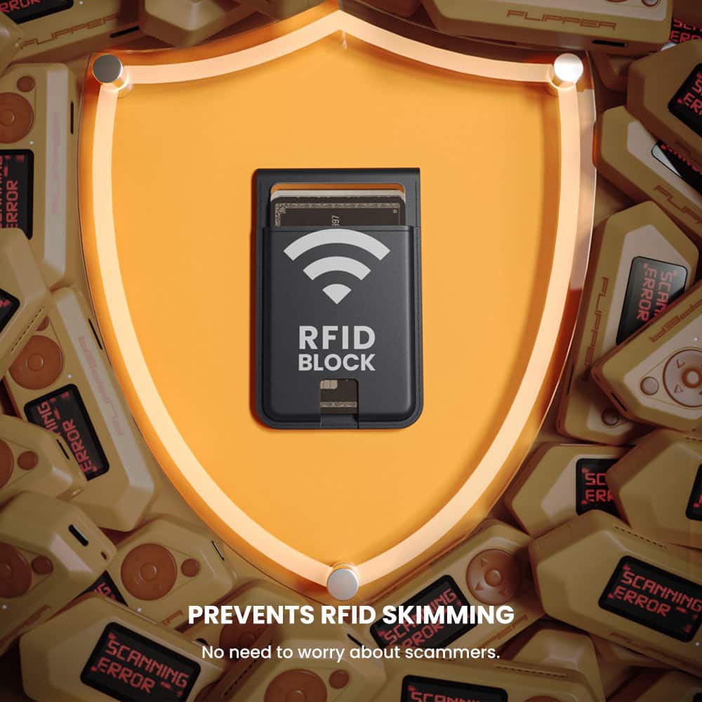 The text on the image reads: "Prevents RFID Skimming. No need to worry about scammers. Error Scanning. No need to worry about scammers."