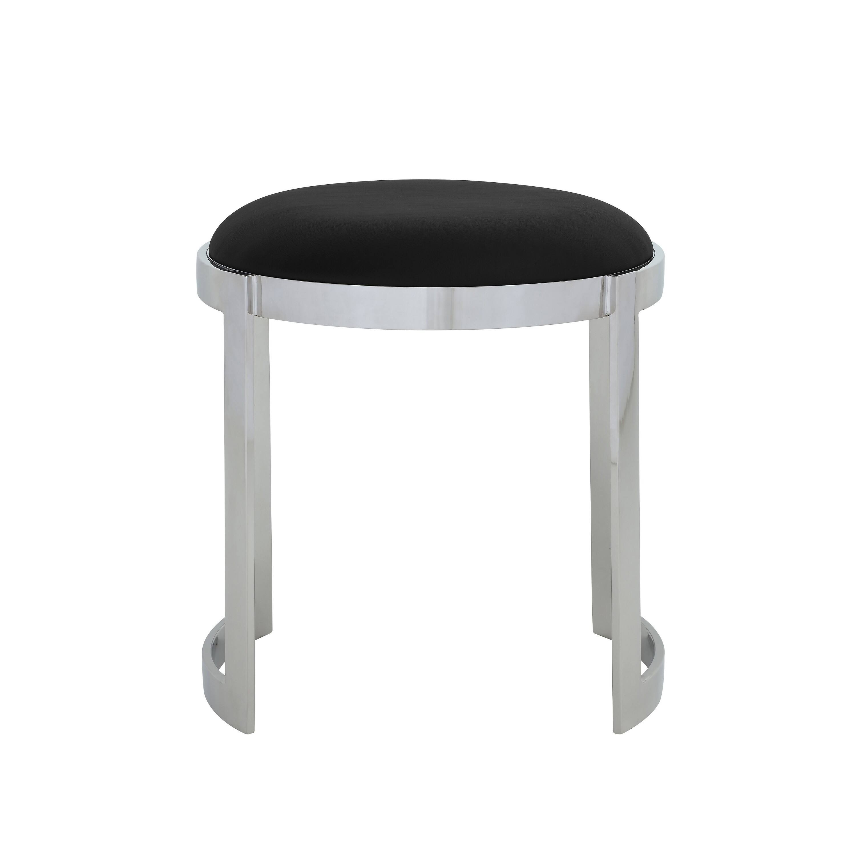 Angle. Manhattan Lane - 19 Inch Accent Stool Ottoman Ottoman, Round Black Faux Leather, Silver - Black, Silver.