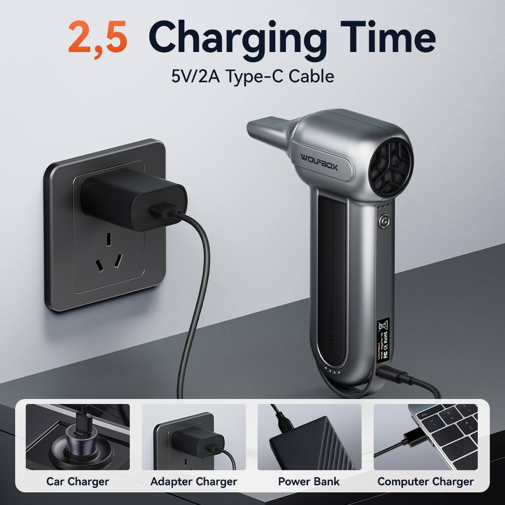 2.5 Charging Time  
5V/2A Type-C Cable  

WOLFBOX G Duster b - CERohs e 4  

Car Charger  
Adapter Charger  
Power Bank  
Computer Charger