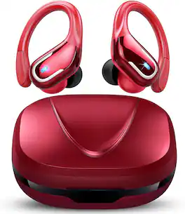 PRIMEPLUS - Wireless Earbuds with Earhooks, 75 Hours Playtime, LED Display for Sport - Red