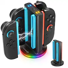 Front. Fosmon - Charging Station for Nintendo Switch 2 Controller Joy Con, 4in1 Switch 2 Joycon Charger Dock RGB Light and LED Indicator - Black.