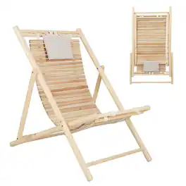 Costway - Patio Outdoor Adjustable Folding Wood Sling Chair Reclining Lounge Assembly Free - Natural
