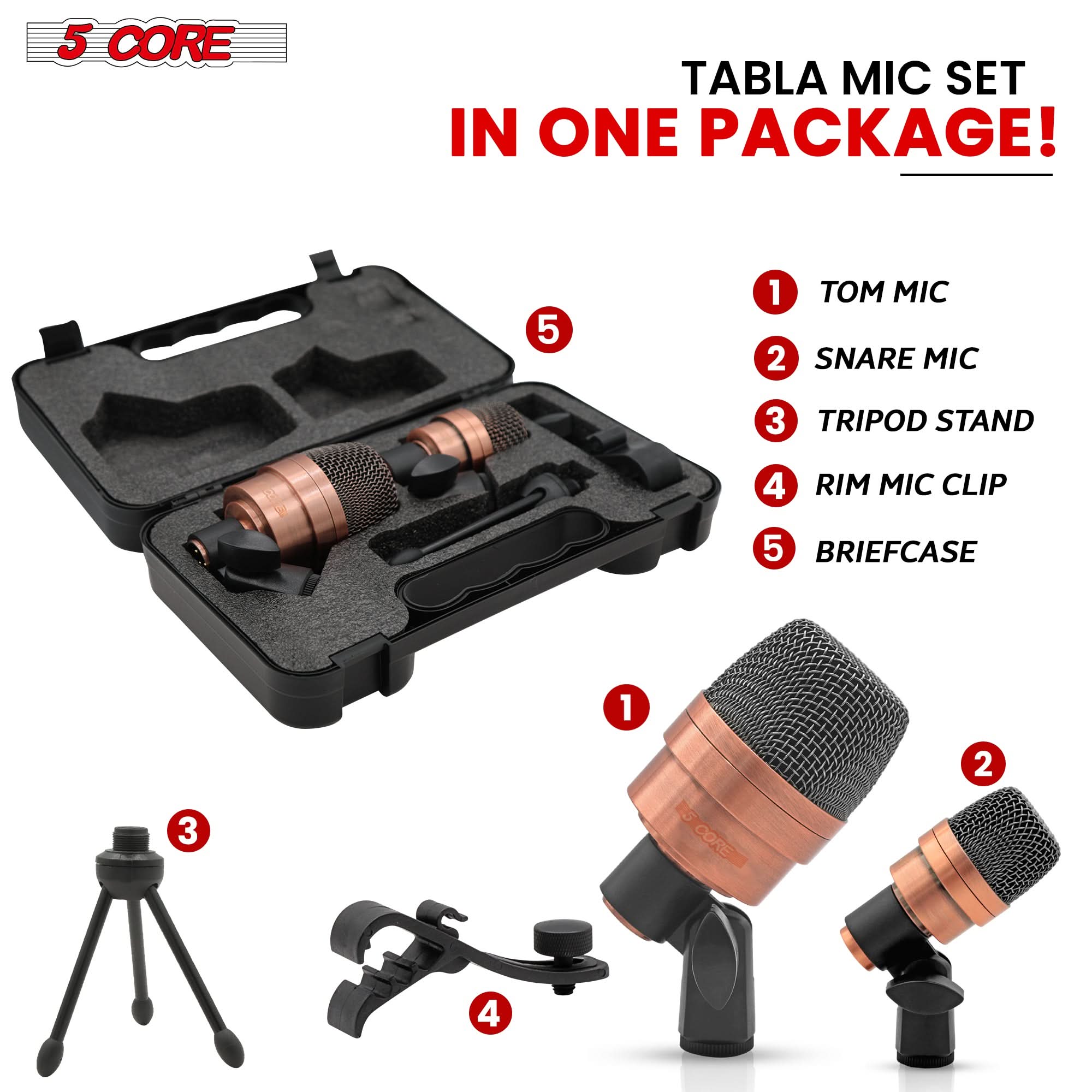 5 CORE

TABLA MIC SET IN ONE PACKAGE!

1. TOM MIC
2. SNARE MIC
3. TRIPOD STAND
4. RIM MIC CLIP
5. BRIEFCASE