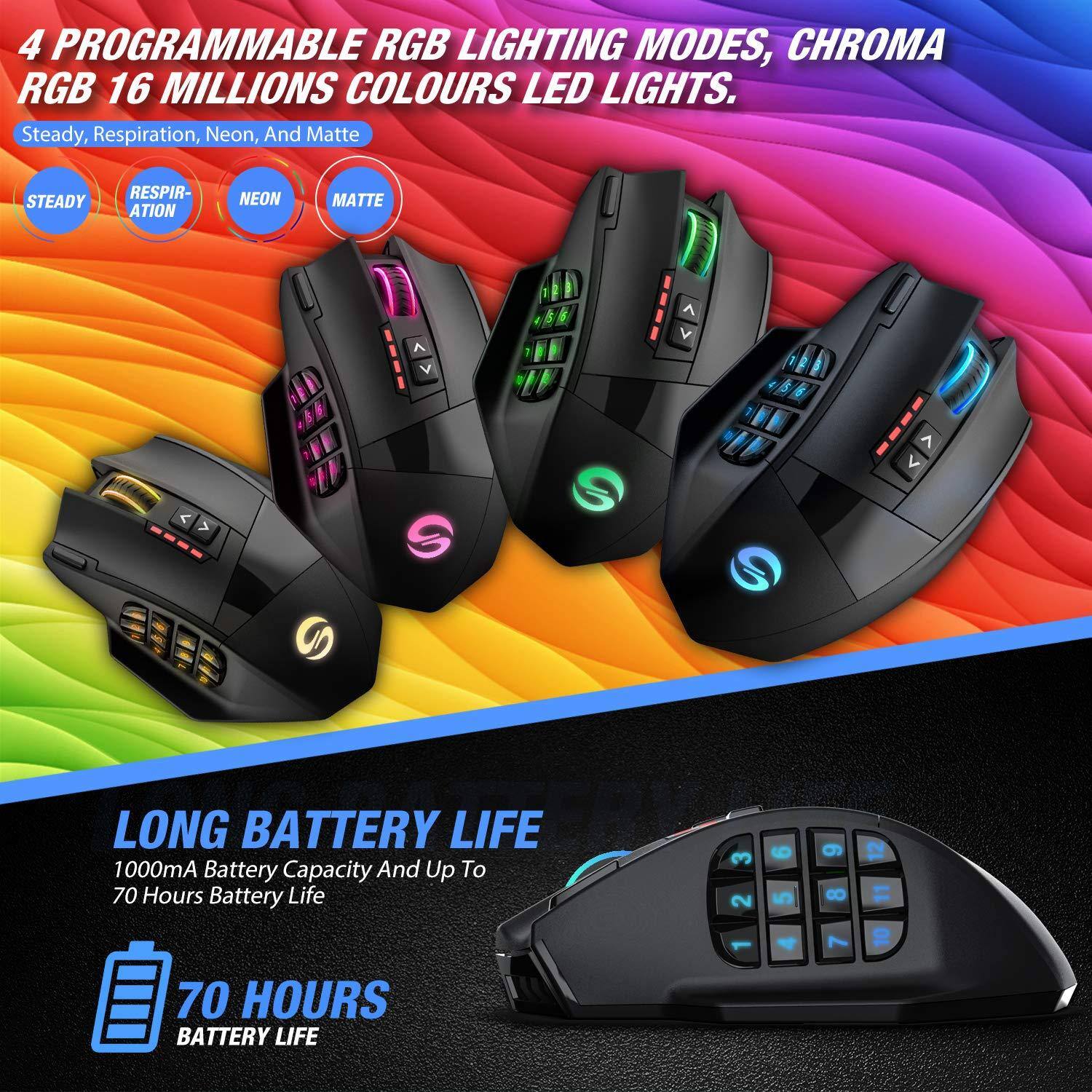 4 PROGRAMMABLE RGB LIGHTING MODES, CHROMA RGB 16 MILLIONS COLOURS LED LIGHTS.  
Steady, Respiration, Neon, And Matte  

LONG BATTERY LIFE  
1000mA Battery Capacity And Up To 70 Hours Battery Life  

70 HOURS BATTERY LIFE