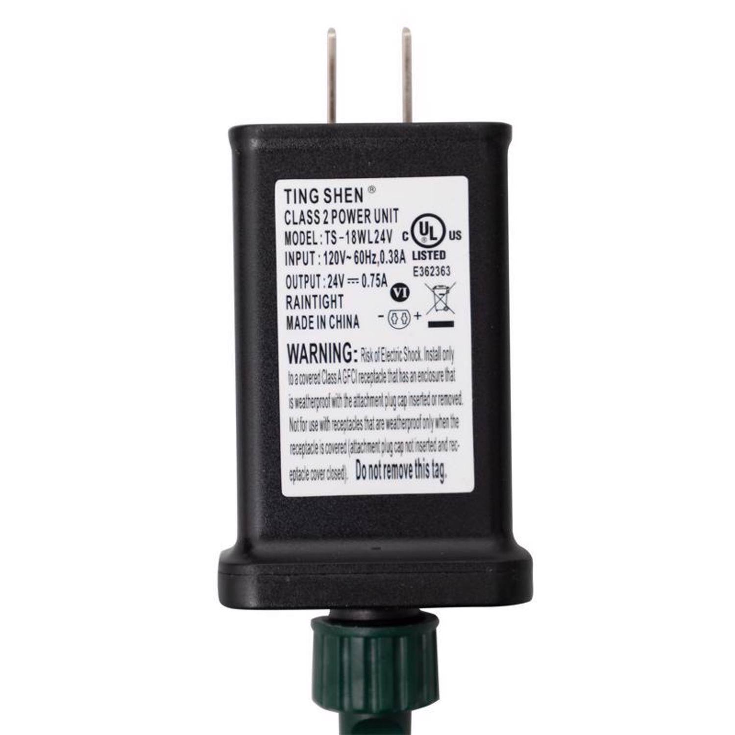 TING SHEN CLASS 2 POWER UNIT  
MODEL: TS-18WL24V  
INPUT: 120V~60Hz, 0.38A  
OUTPUT: 24V, 0.75A  
RAINTIGHT  
MADE IN CHINA  

WARNING: Risk of Electric Shock. Install only to a covered Class A GFCI receptacle that has an enclosure that is waterproof with the attachment plug cap inserted or removed. Not for use with receptacles that are waterproof only when the receptacle cover is closed. Do not remove this tag.