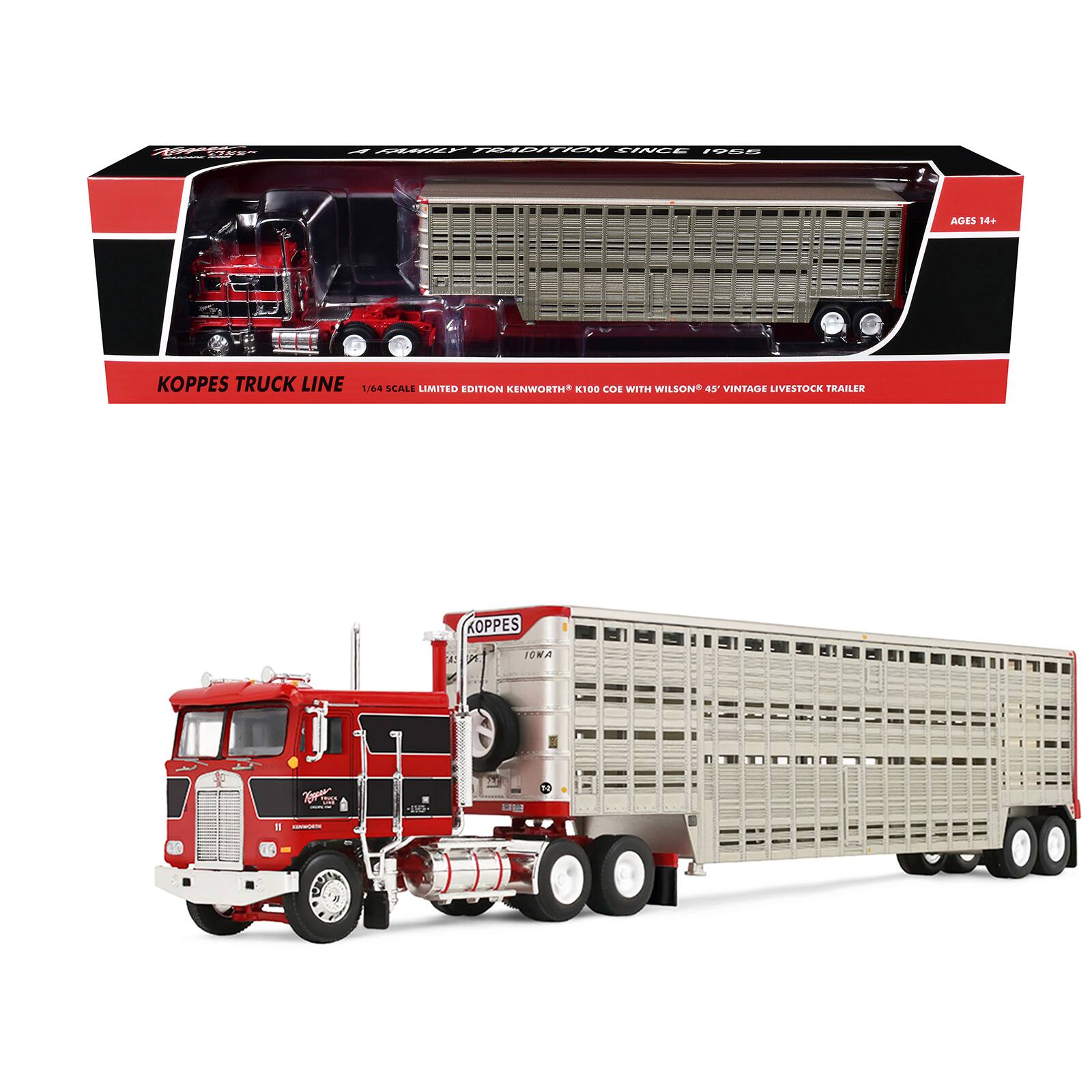 Koppe's 57855 - -  
A FAMILY TRADITION SINCE 1955  
AGES 14+  
KOPPES TRUCK LINE 1/64 SCALE LIMITED EDITION KENWORTH K100 COE WITH WILSON 45' VINTAGE LIVESTOCK TRAILER  
KOPPES A! / IONA  
Kyeese 1 KENNORDA  
14