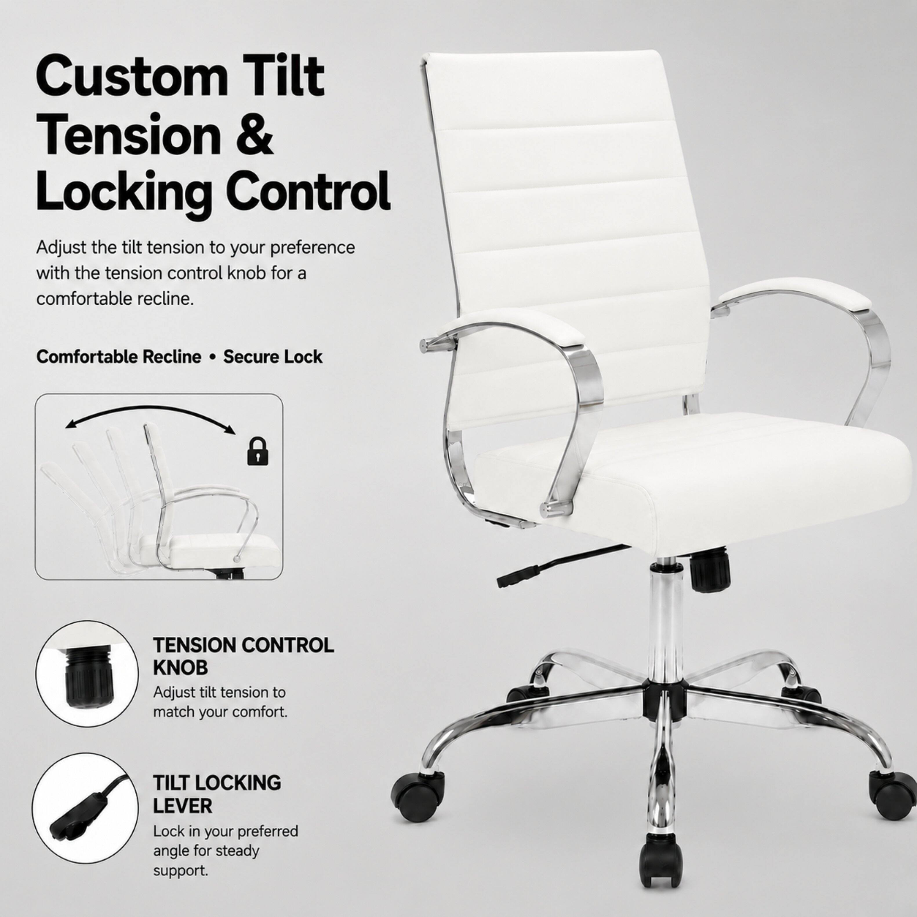 Custom Tilt Tension & Locking Control  
Adjust the tilt tension to your preference with the tension control knob for a comfortable recline.  
Comfortable Recline • Secure Lock  

TENSION CONTROL KNOB  
Adjust tilt tension to match your comfort.  

TILT LOCKING LEVER  
Lock in your preferred angle for steady support.