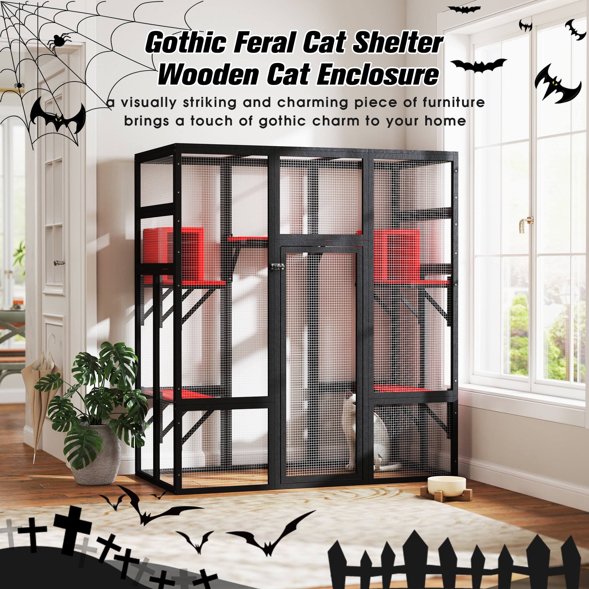 Gothic Feral Cat Shelter Wooden Cat Enclosure  
a visually striking and charming piece of furniture brings a touch of gothic charm to your home