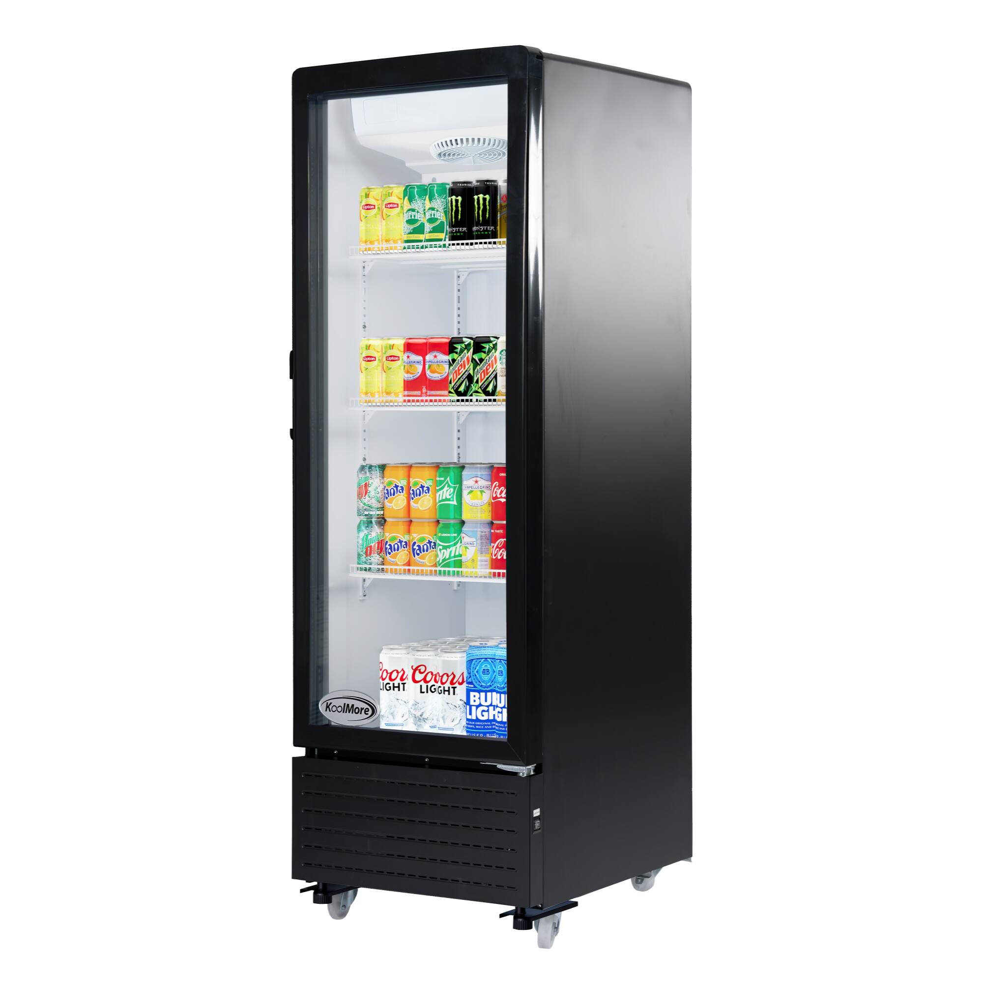 The image features a black refrigerator filled with a variety of drinks, including sodas and energy drinks. The drinks are organized on shelves inside the refrigerator, with some placed on the top, middle, and bottom sections. The refrigerator is likely located in a store or a public area where customers can easily access and choose from the available drinks.