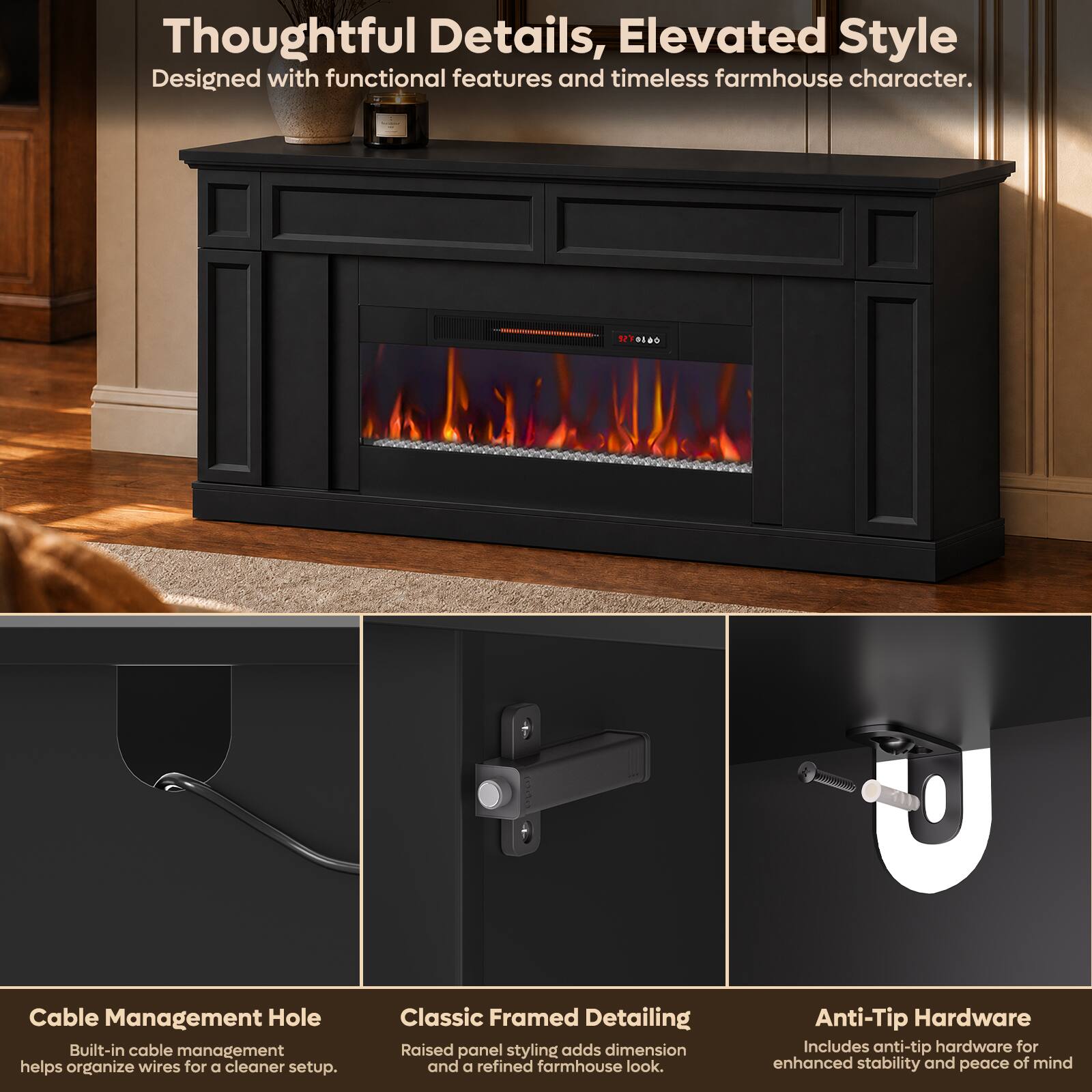 Thoughtful Details, Elevated Style  
Designed with functional features and timeless farmhouse character.

3270100

Cable Management Hole  
Built-in cable management helps organize wires for a cleaner setup.

Classic Framed Detailing  
Raised panel styling adds dimension and a refined farmhouse look.

Anti-Tip Hardware  
Includes anti-tip hardware for enhanced stability and peace of mind
