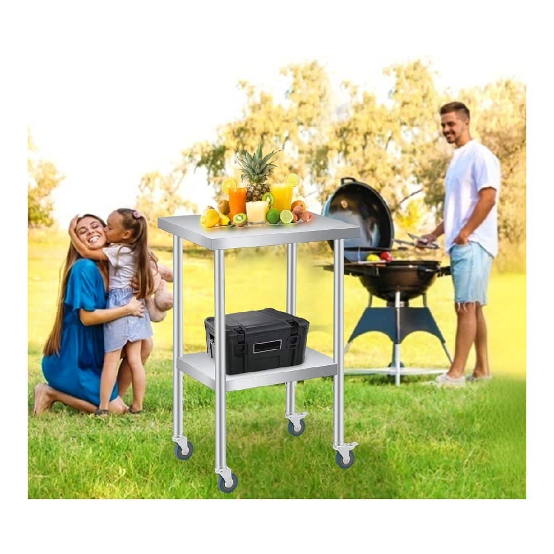 Acekool - Stainless Steel Prep Table, 24 x 18 Inches, with Adjustable Undershelf and 4 Caster Wheels
