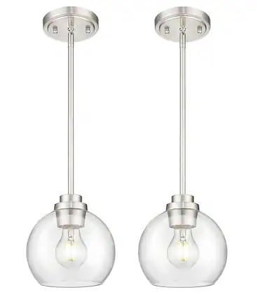 Front. FINEAK - Modern Brushed Nickel Clear Glass Globe Pendant Lights - 2 Pack, 7" Hanging Fixtures - Clear;Nickel.