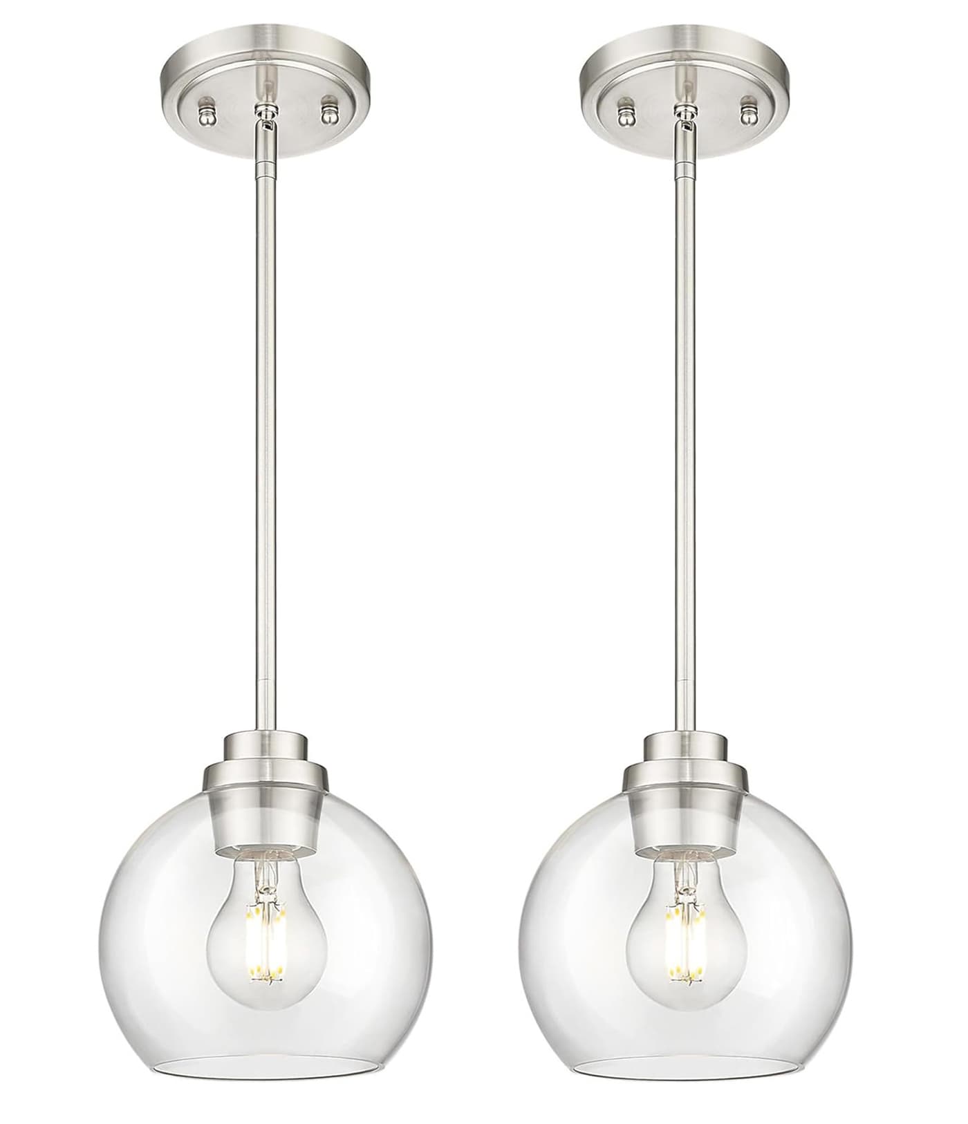Front. FINEAK - Modern Brushed Nickel Clear Glass Globe Pendant Lights - 2 Pack, 7" Hanging Fixtures - Clear;Nickel.