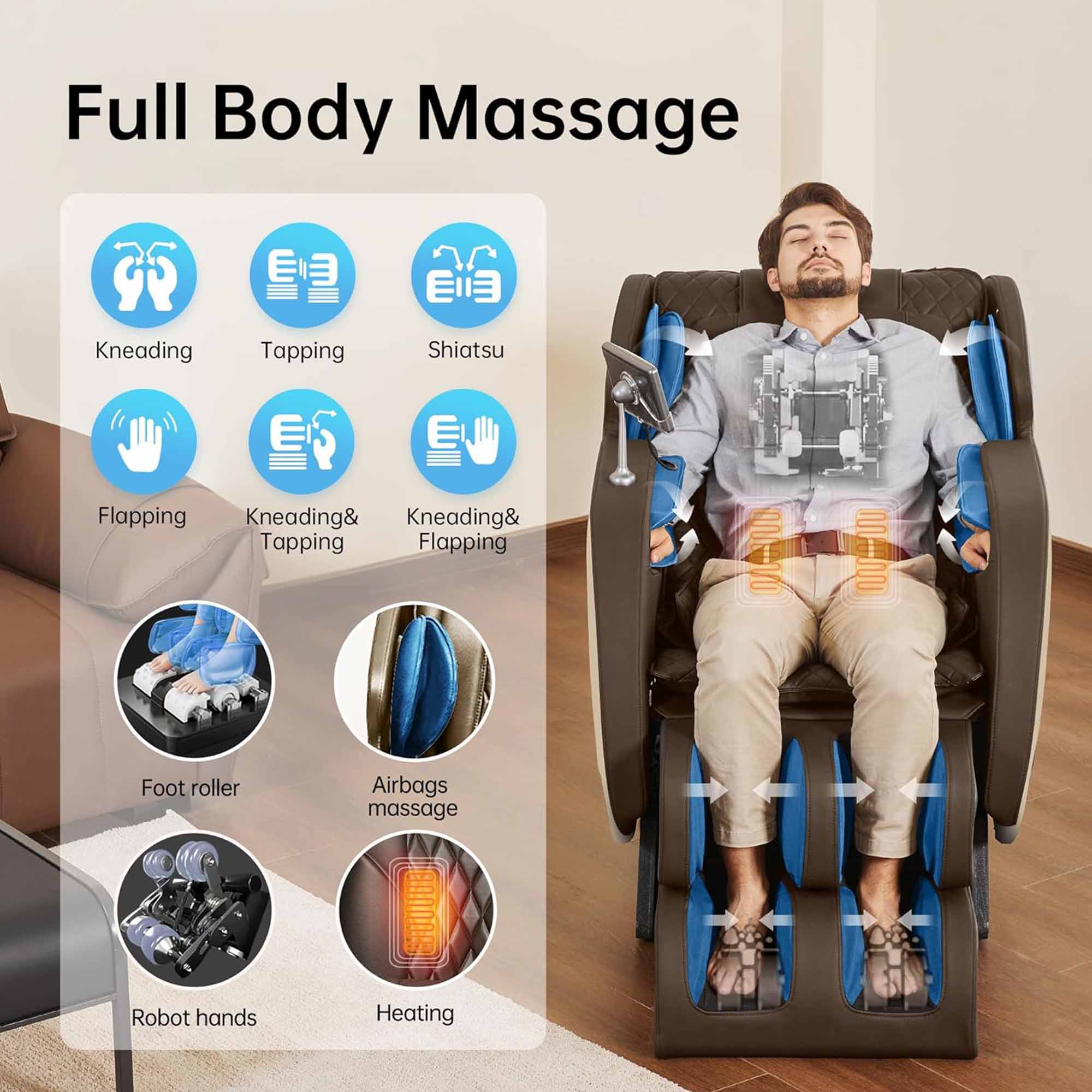 Full Body Massage

- Kneading
- Tapping
- Shiatsu
- Flapping
- Kneading & Tapping
- Kneading & Flapping
- Foot roller
- Airbags massage
- Robot hands
- Heating