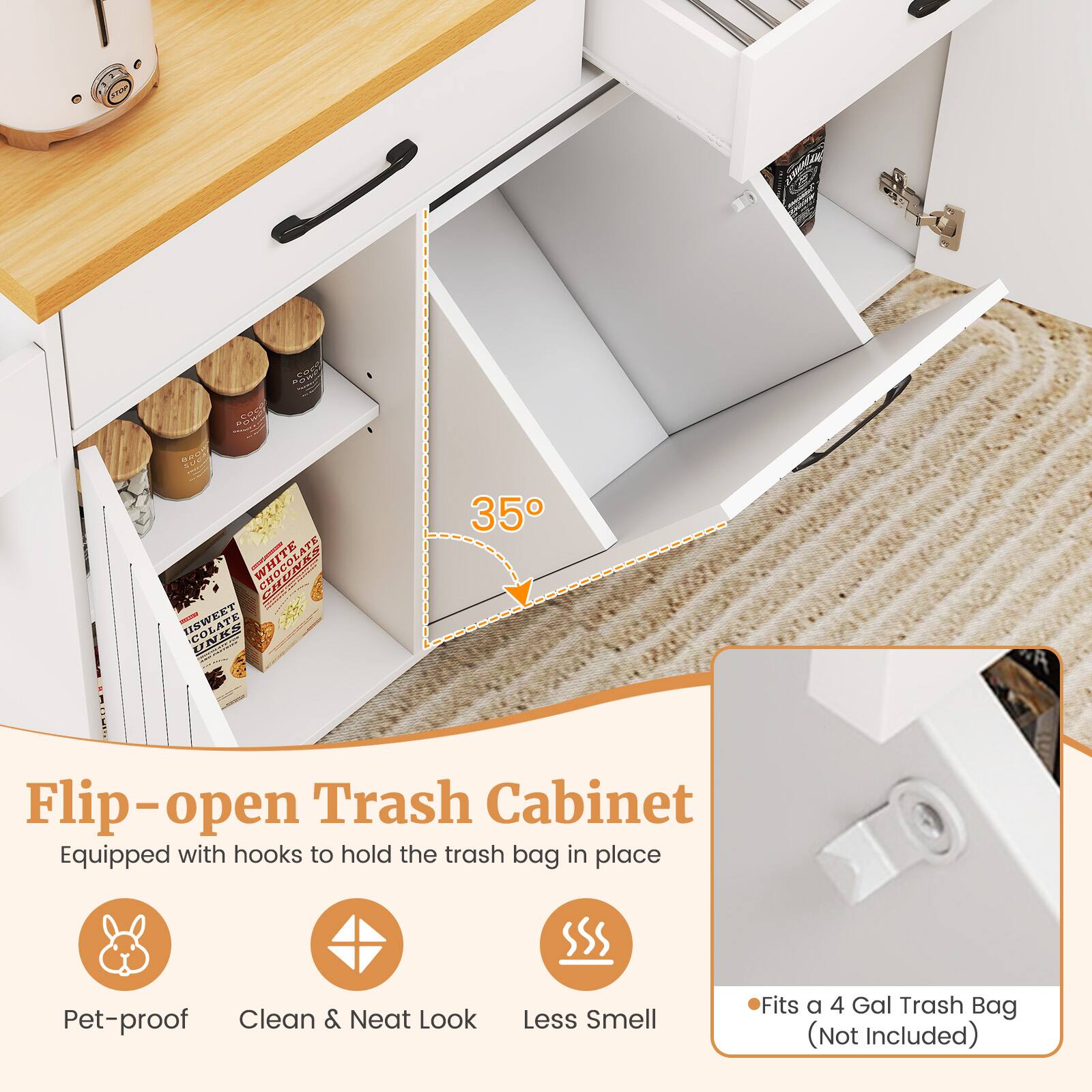 rN KC S MRI WHITE - USWEET 401 UNKS 35 Flip-open Trash Cabinet Equipped with hooks to hold the trash bag in place Pet-proof Clean & Neat Look Less Smell Fits a 4 Gal Trash Bag (Not Included)