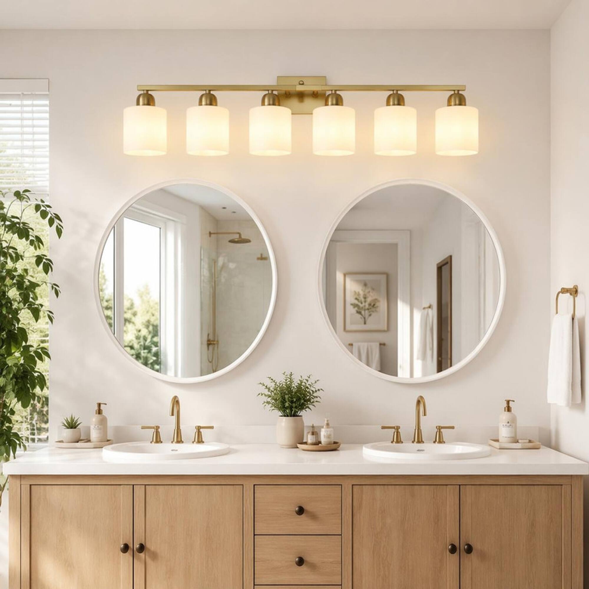 Angle. RYHNUYNE - Gold 6‑Light Bathroom Vanity Light,Modern Wall Sconce with Milky White Frosted Glass Shades - Coppery.