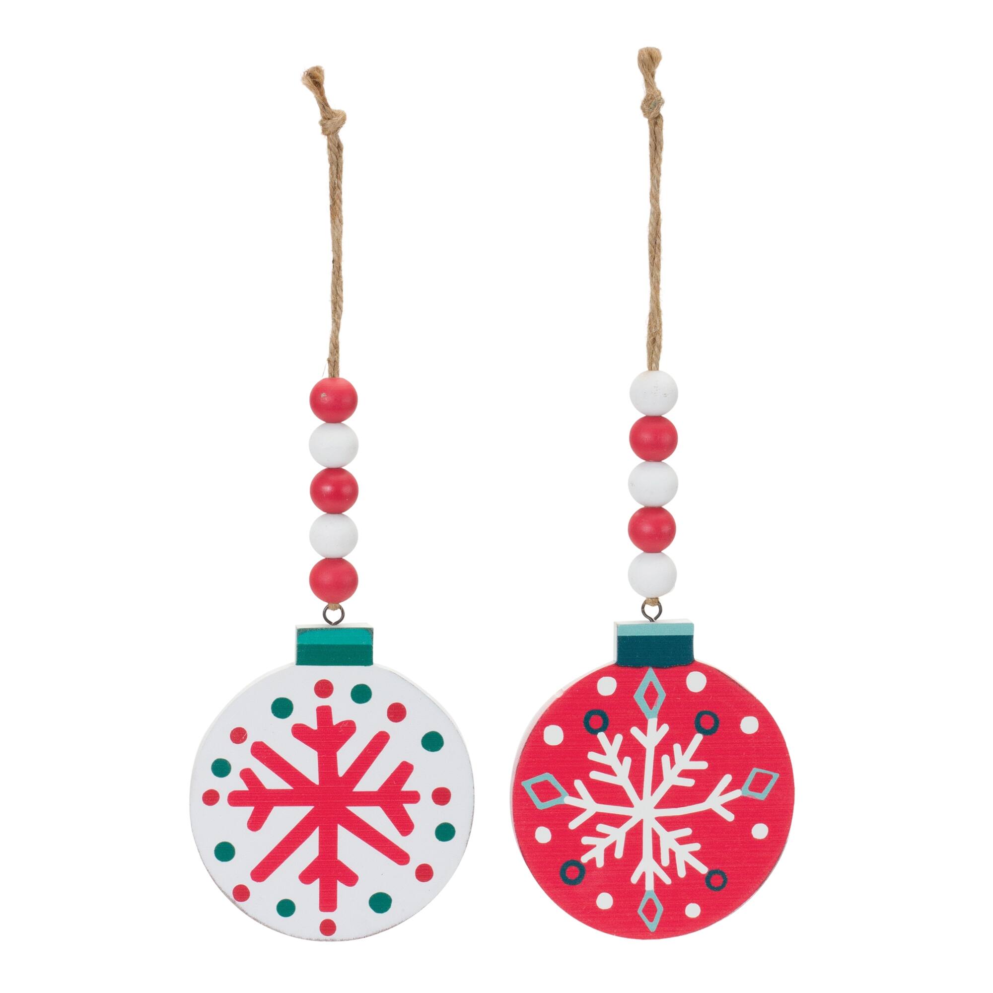 Angle. BreeBe - Wood Beaded Snowflake Ornament (Set of 12) - Red, White, Green.